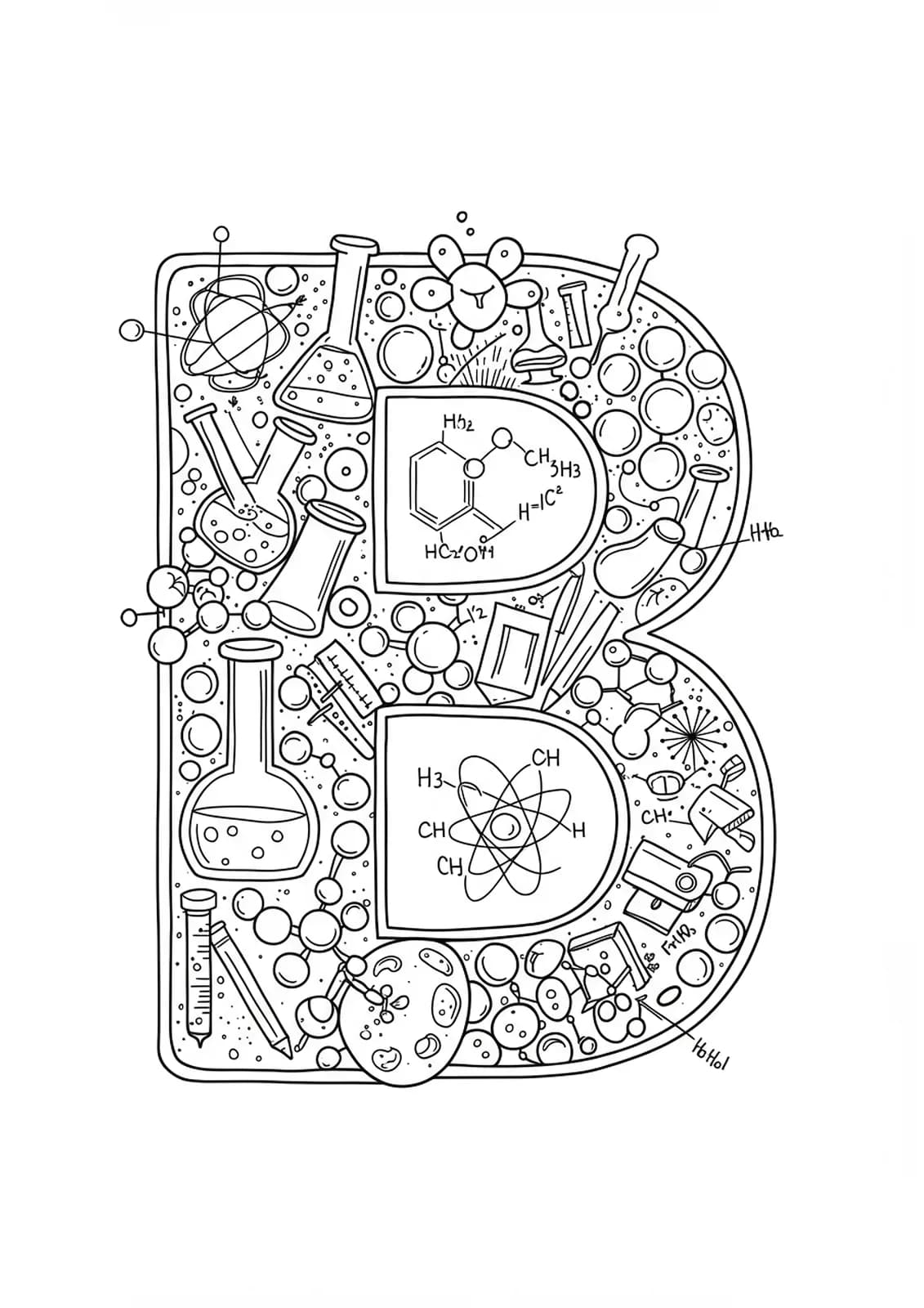 Adult coloring page with letter B surrounded by beakers, molecules, and science symbols.