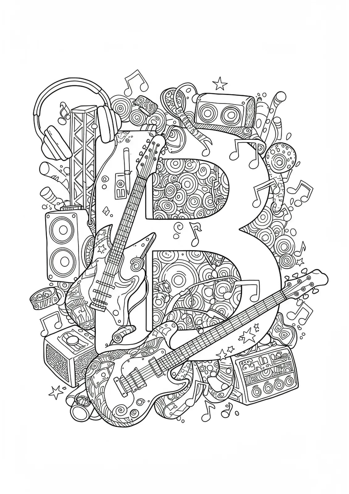 Letter B decorated with detailed music festival icons and instruments for teens