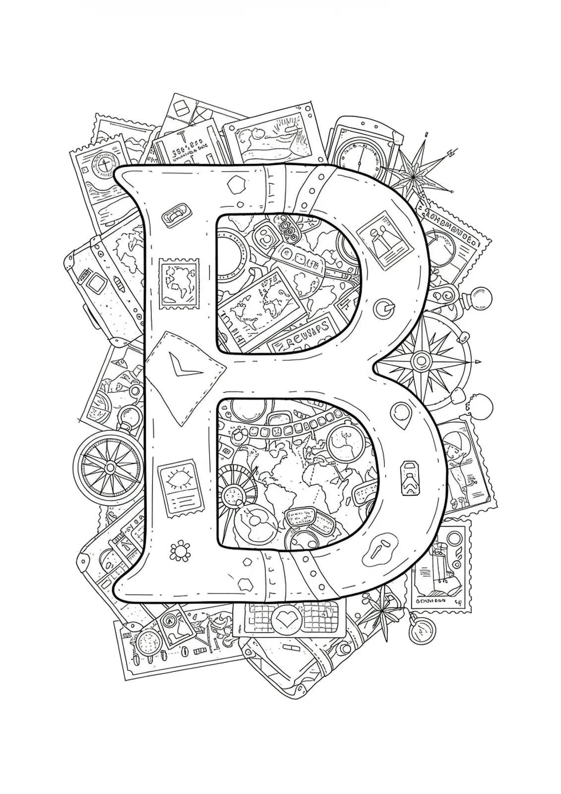 Adult coloring page with letter B surrounded by vintage travel icons like suitcases, compasses, and stamps.