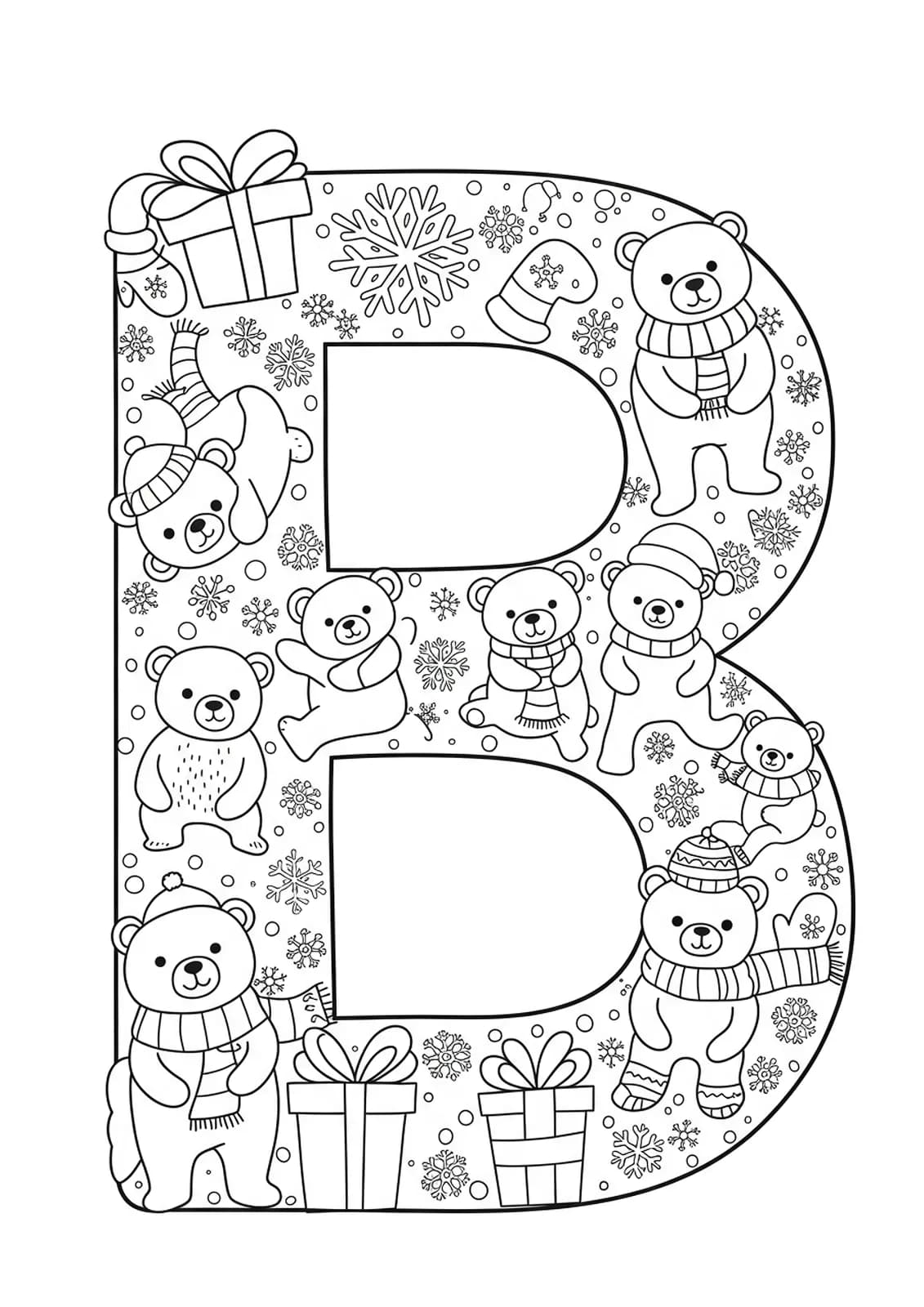 Line art of the letter B with winter bears, snowflakes, scarves, and mittens in a detailed winter scene.