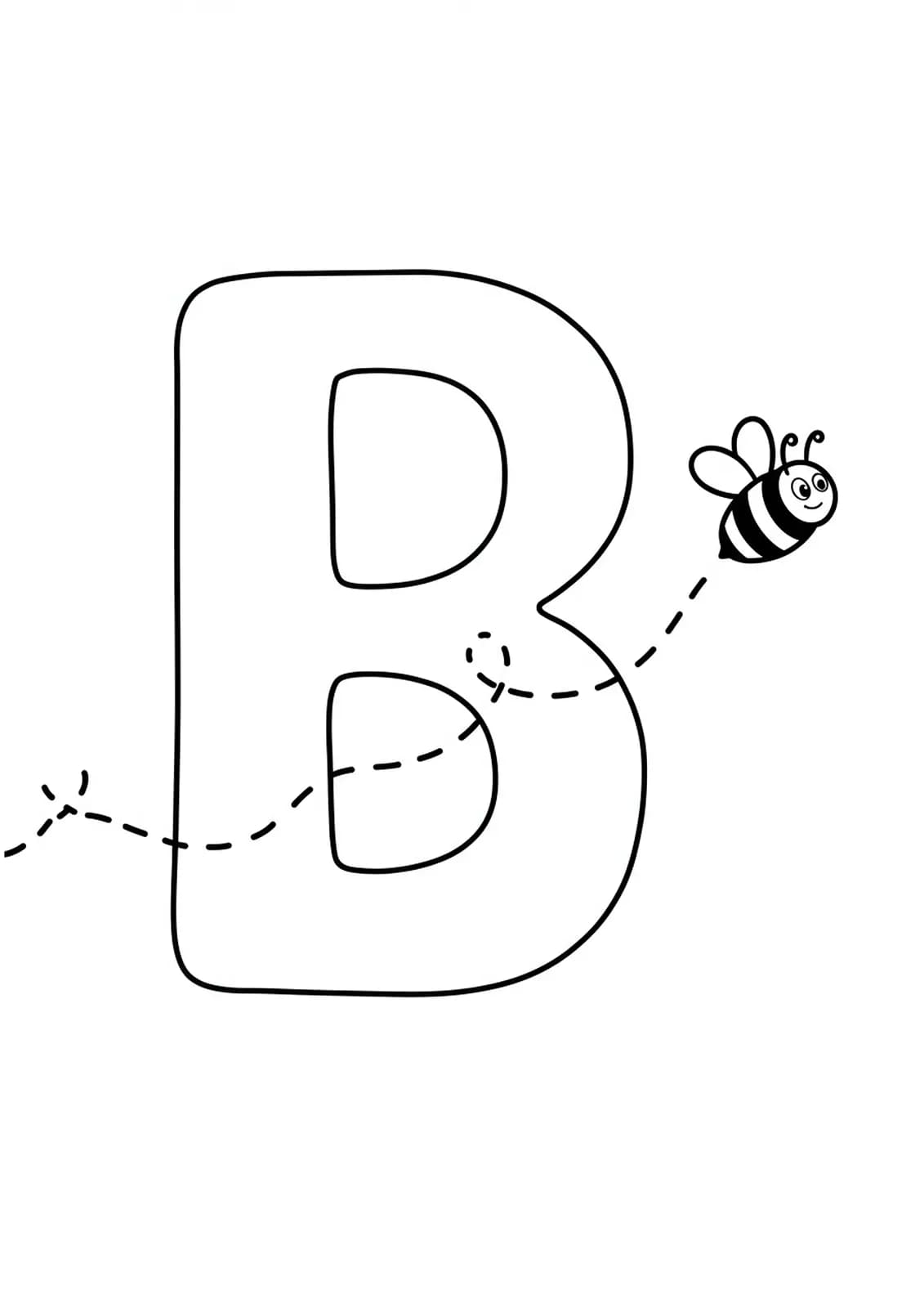 Big outlined letter B with a smiling cartoon bee flying beside it and a dotted flight path.