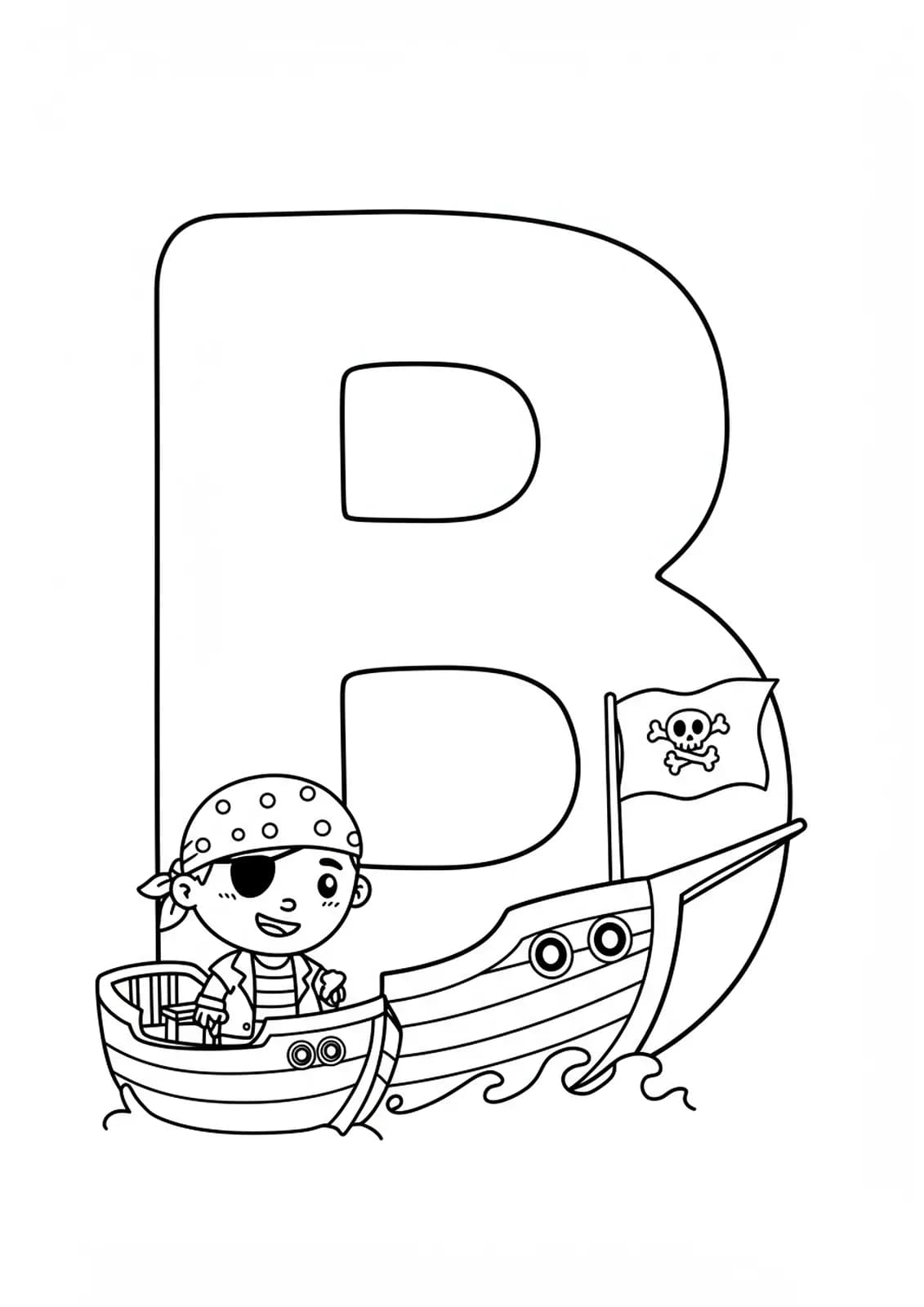 Large outlined letter B with a simple cartoon pirate boat and flag beside it.