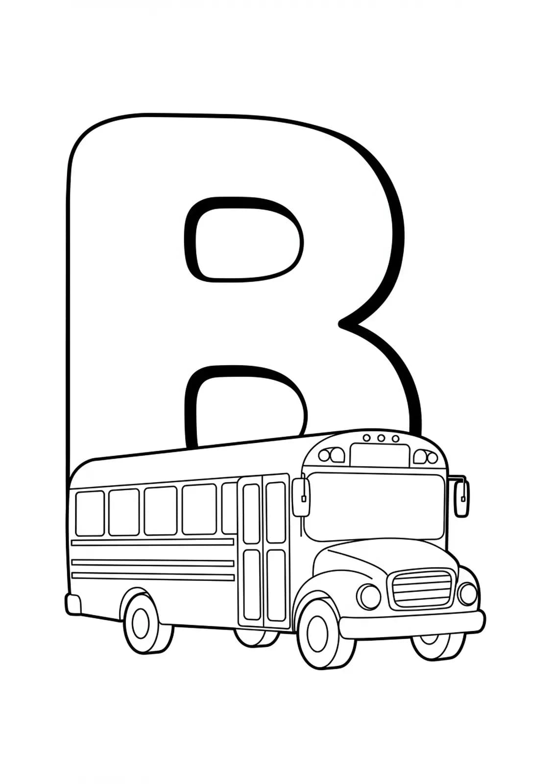 Big letter B with a simple cartoon school bus beside it facing right.