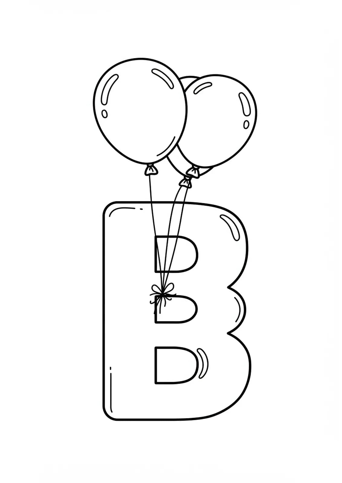 Outline drawing of a large letter B surrounded by three floating balloons with easy shapes.