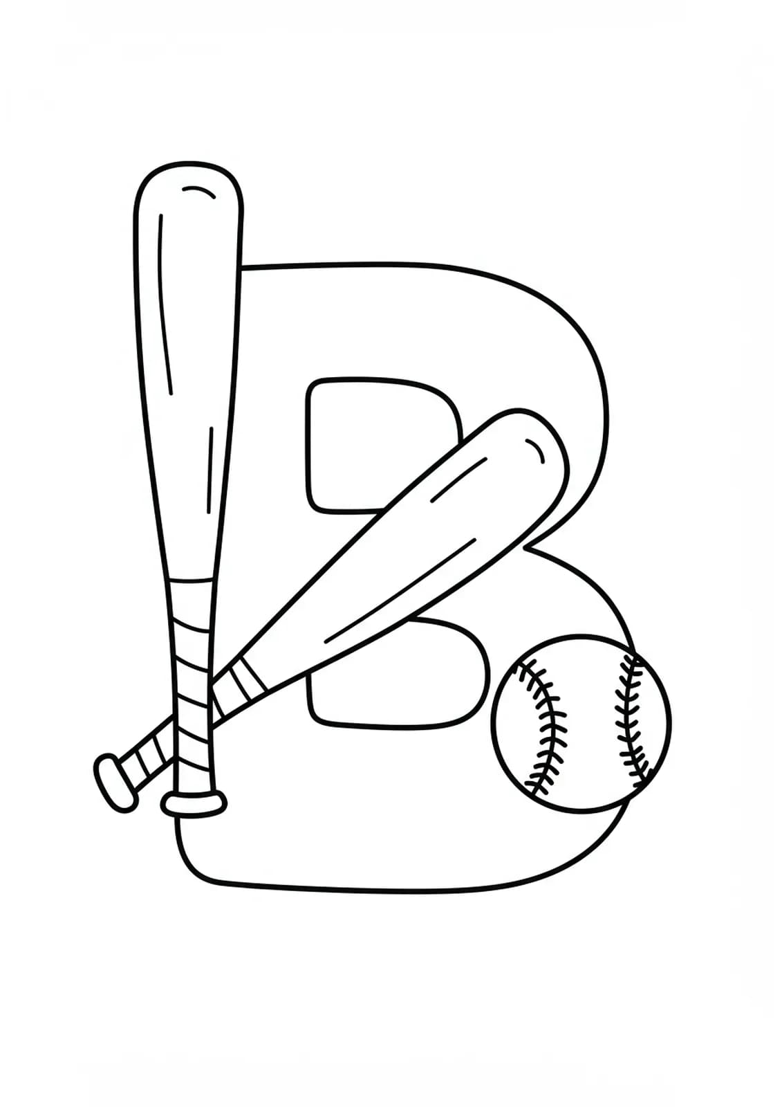 Large letter B with simple baseball and bat drawings, perfect for preschool children.