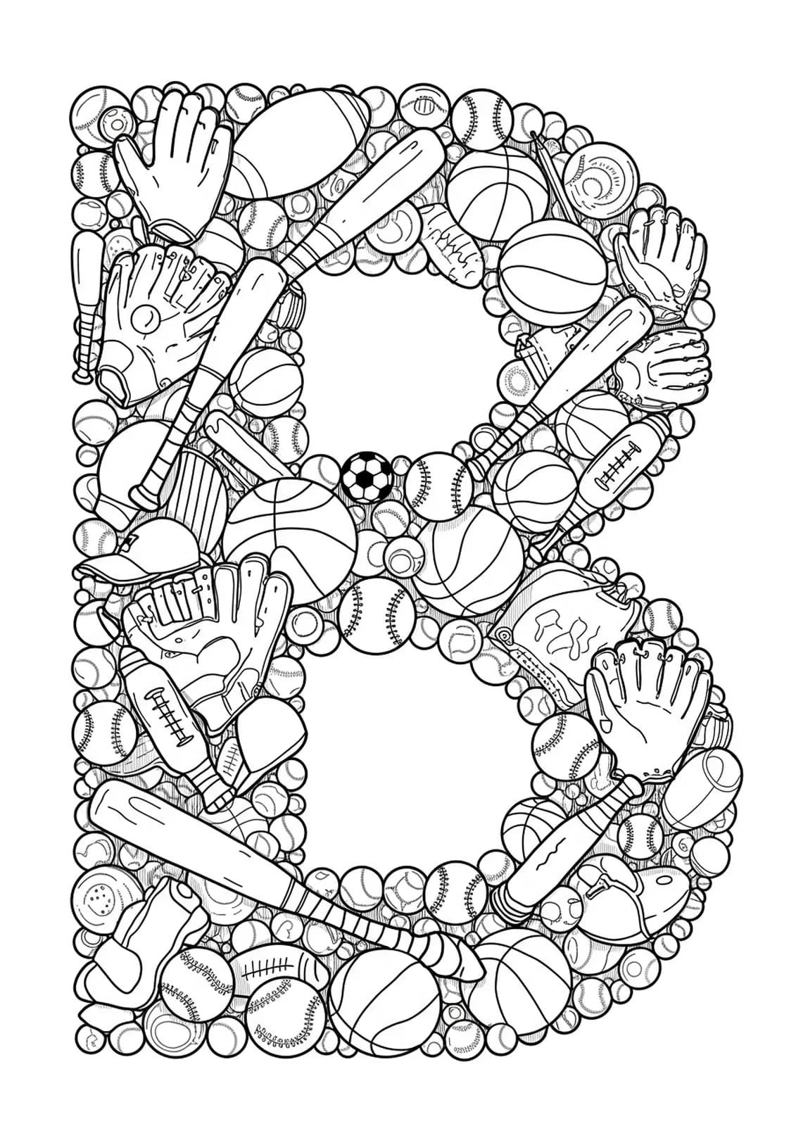 Letter B formed from detailed baseball bats, balls, gloves, and sports equipment for hard coloring.