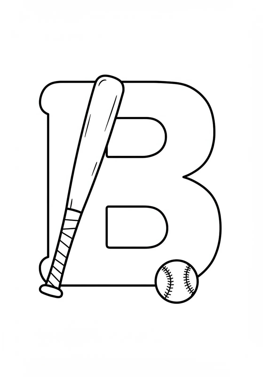 Large letter B with a simple baseball bat leaning against it and a ball beside it.