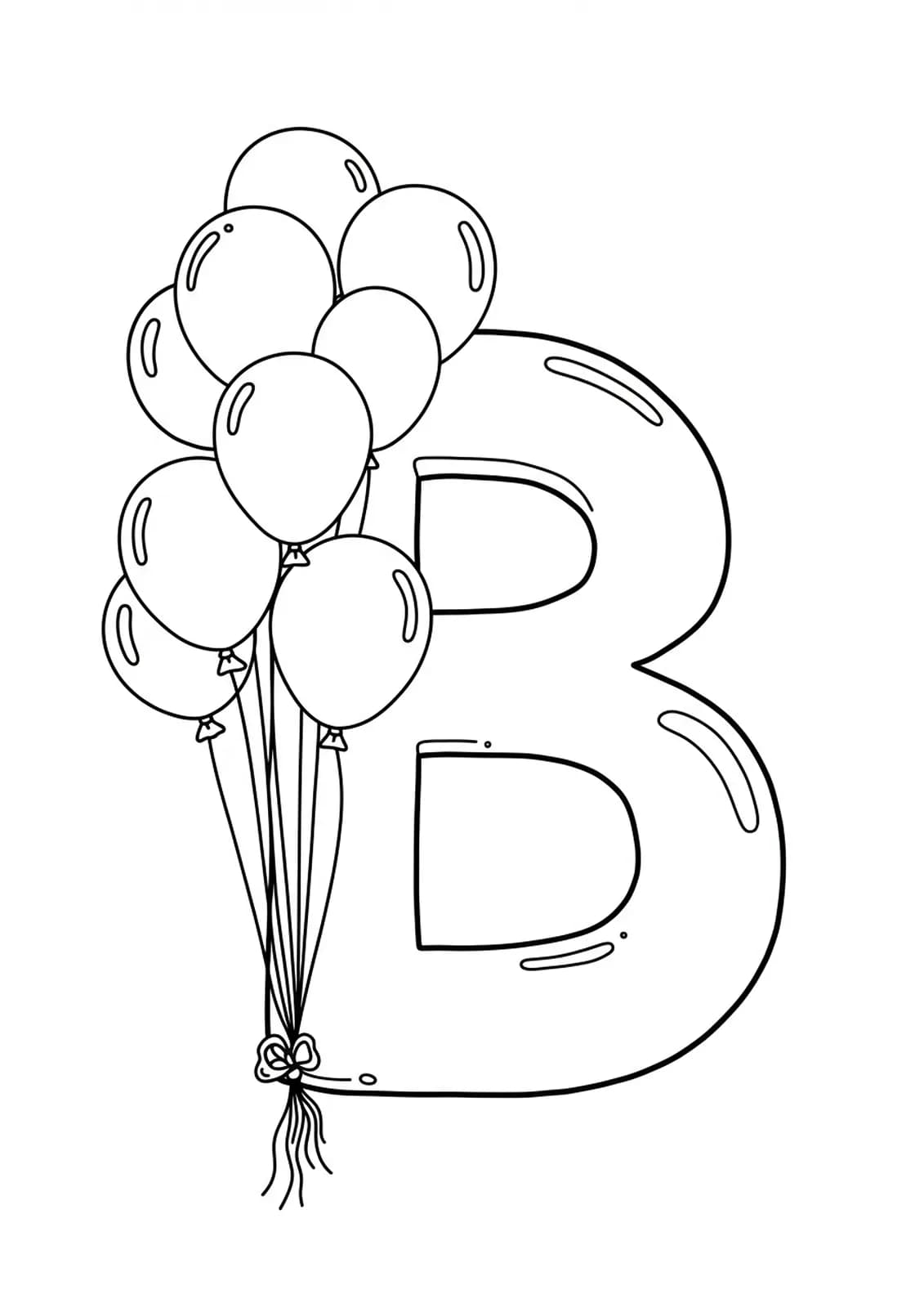 Coloring page with a large letter B surrounded by simple birthday balloons, suitable for young children.