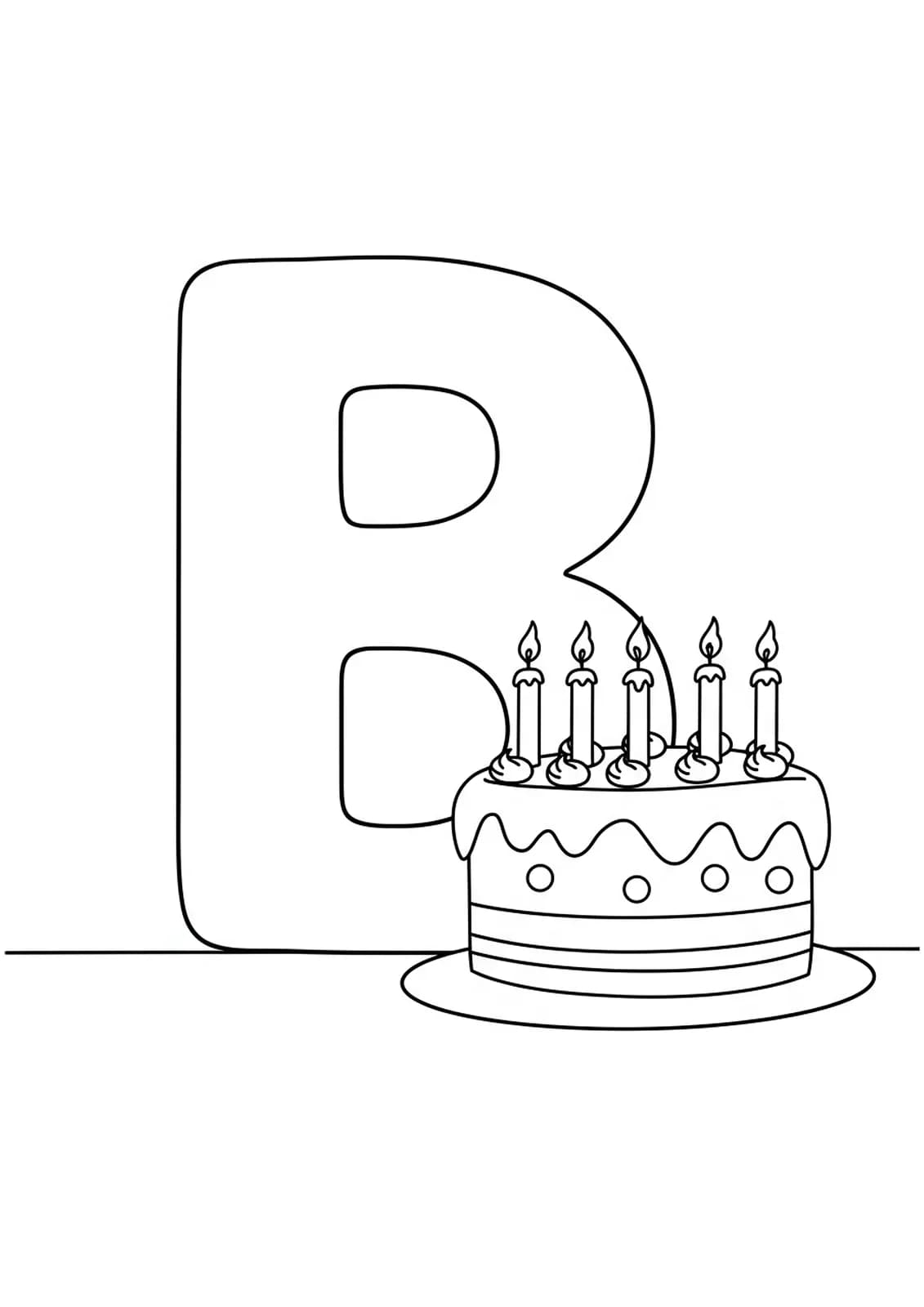 Large letter B with a birthday cake with candles and simple decorations beside it.