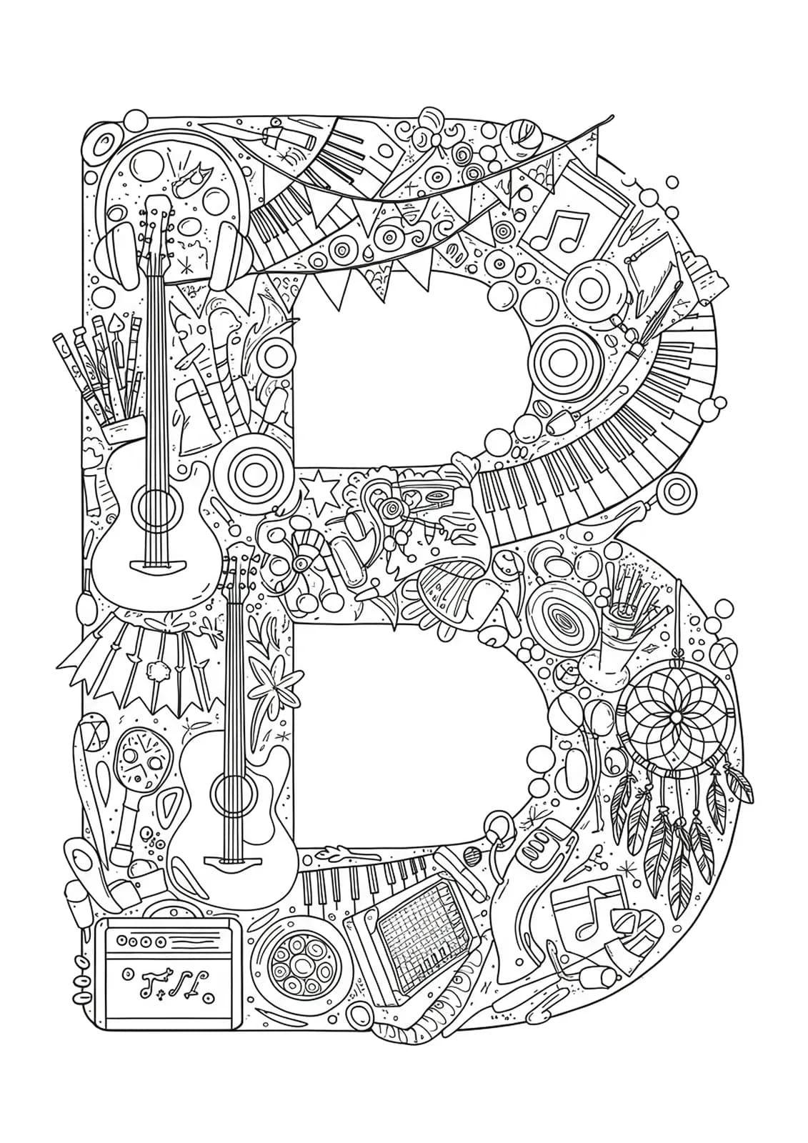 Letter B decorated with festival elements like guitars, headphones, music notes, and dreamcatchers.