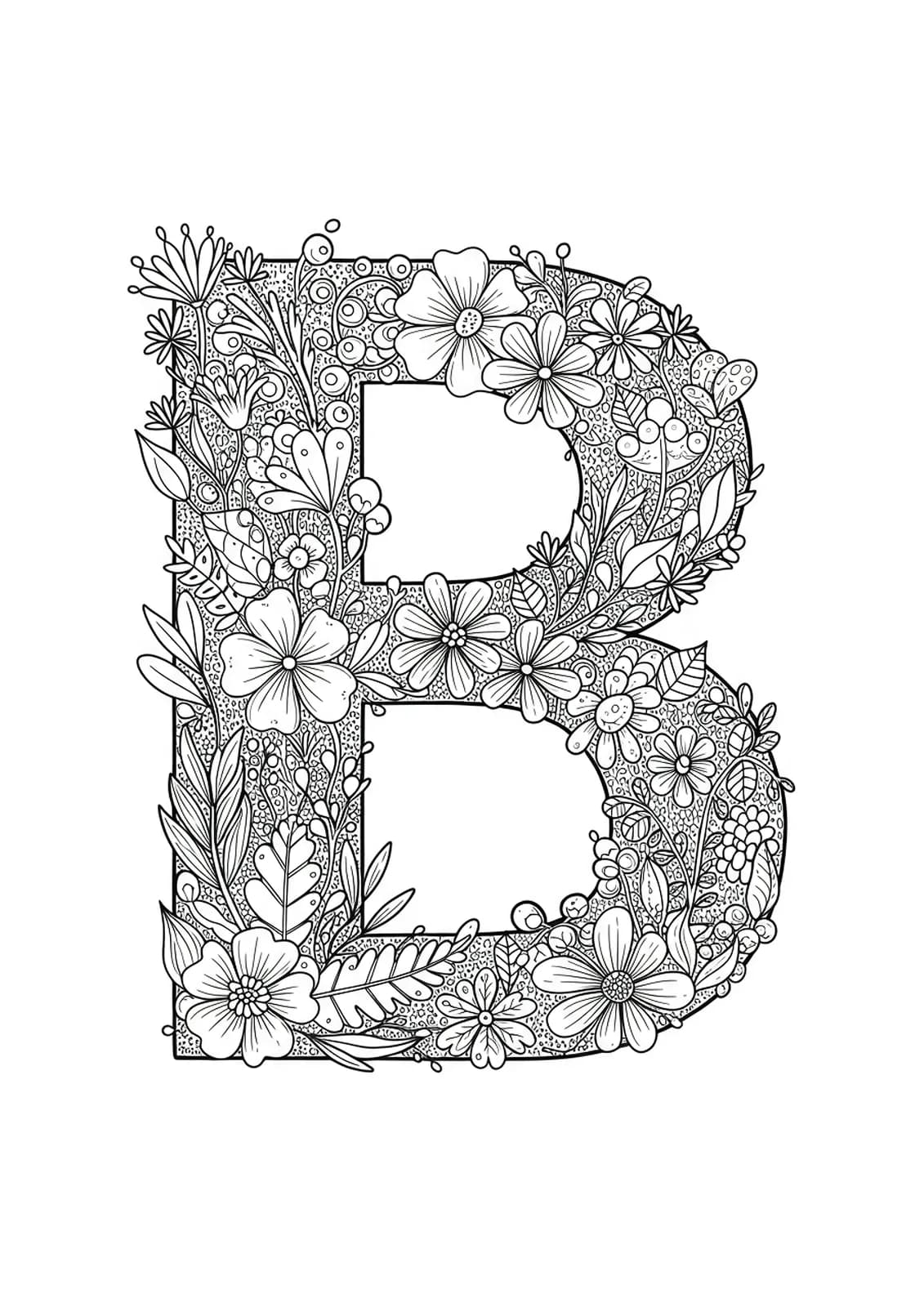 Intricate letter B filled with detailed botanical garden plants, flowers, leaves, and vines for coloring.