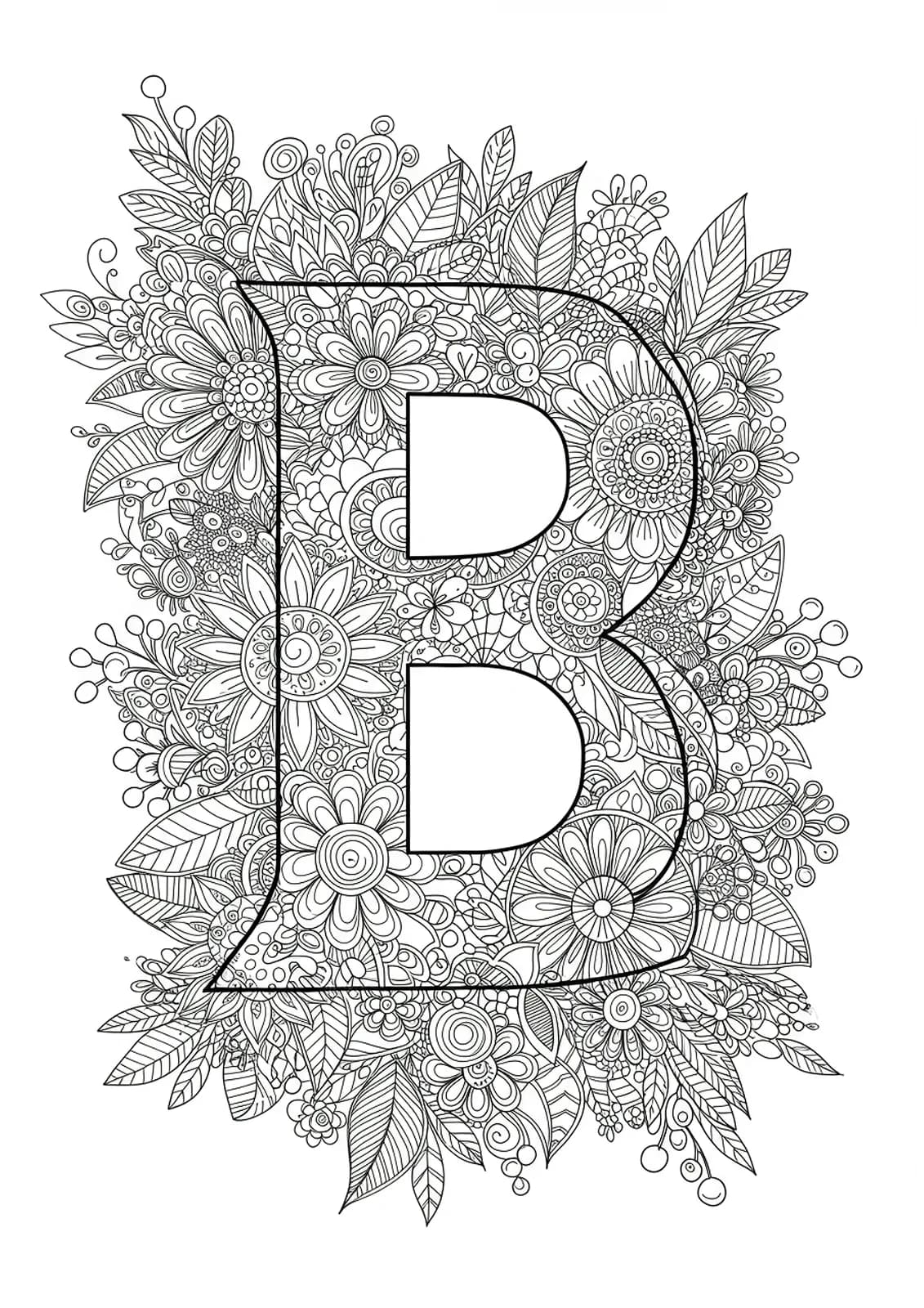 Letter B surrounded by mandala-style botanical leaves and flowers, outlined for coloring.