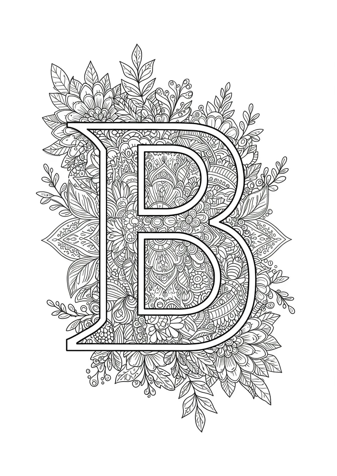 Complex botanical mandala tattoo-style letter B for teen coloring