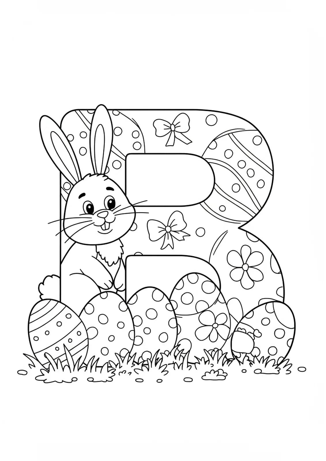 Coloring page with a large letter B, an Easter bunny, and big eggs, for preschoolers.