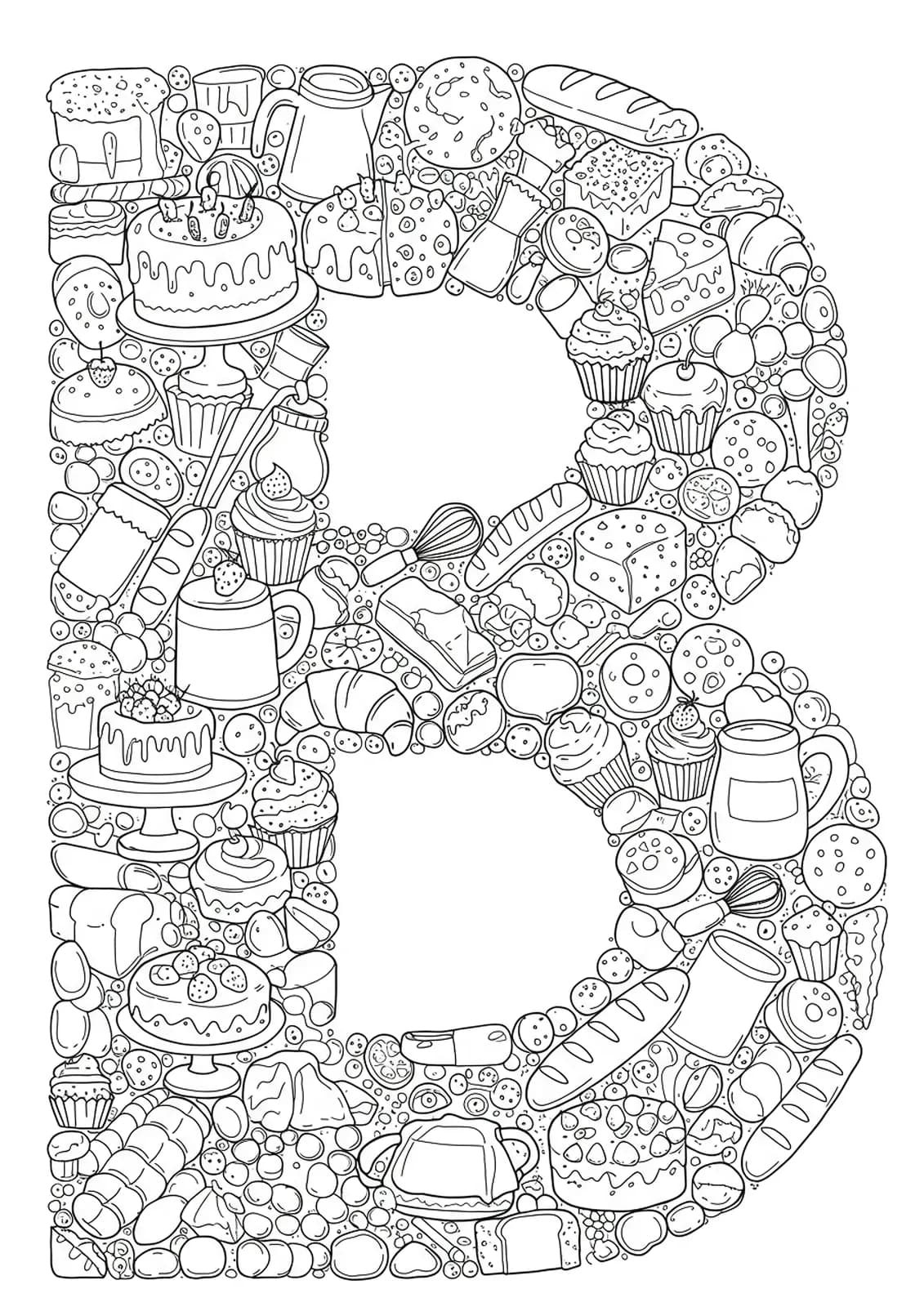 Letter B filled with intricate bakery items like cakes, cupcakes, cookies, bread, and baking tools for coloring.