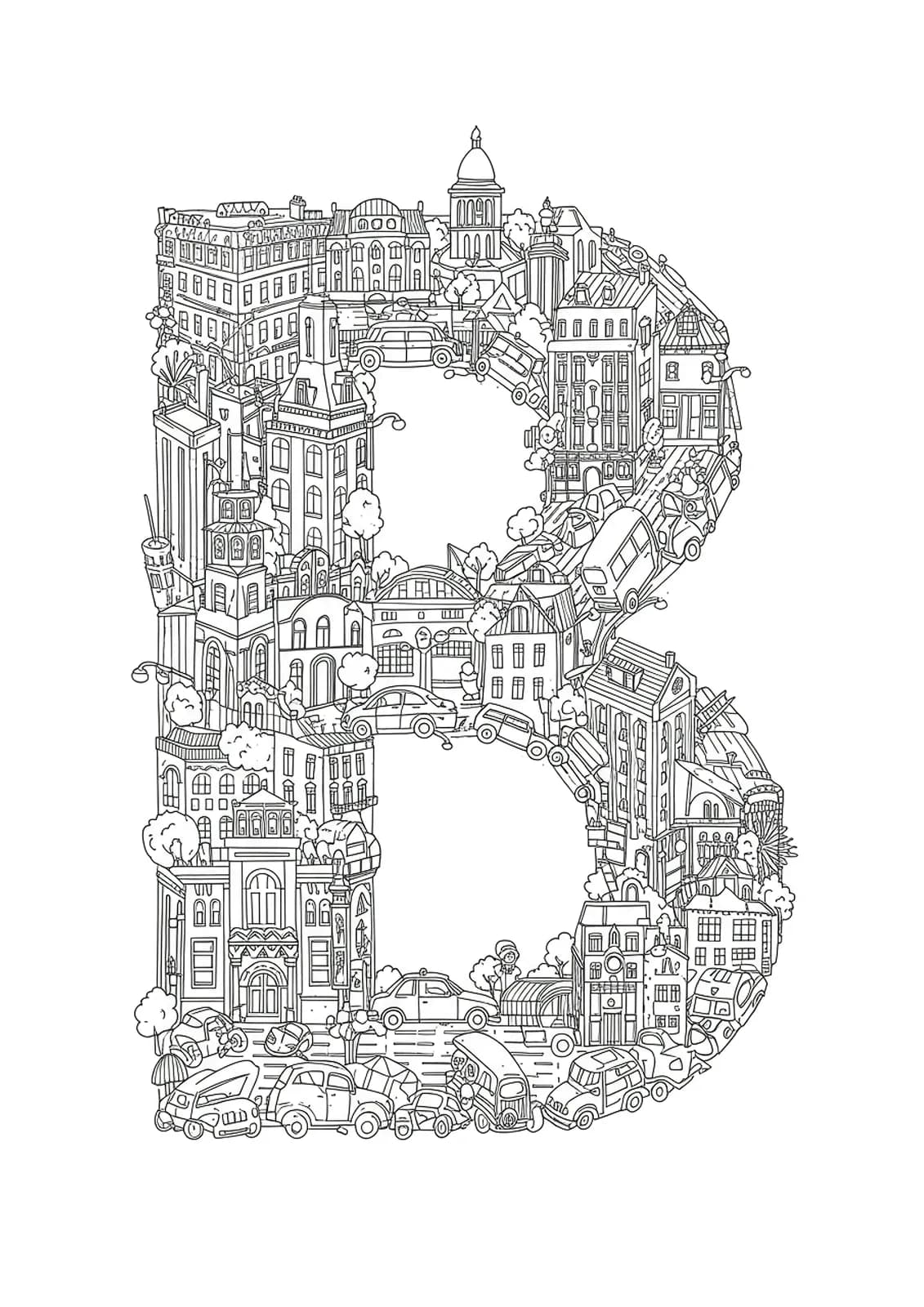Letter B shaped from complex city buildings, vehicles, and city street details designed for advanced coloring.