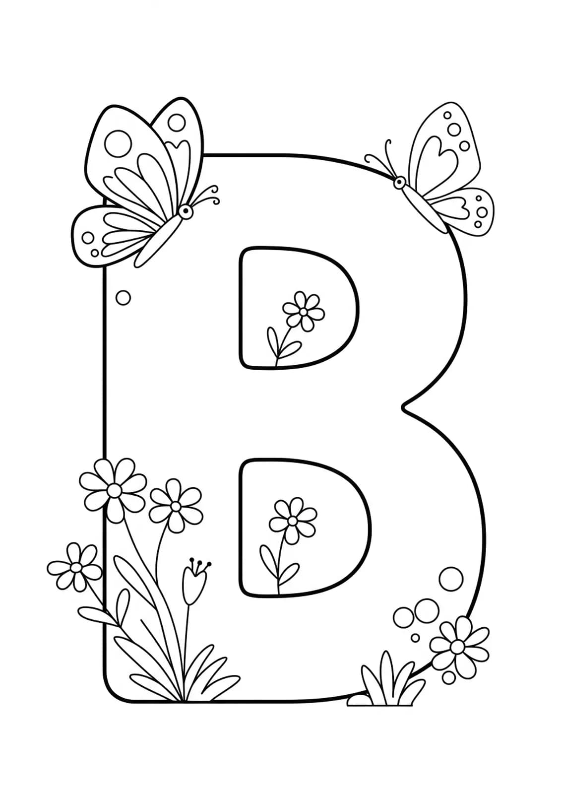 Large letter B with two flying butterflies and three simple flowers around it.