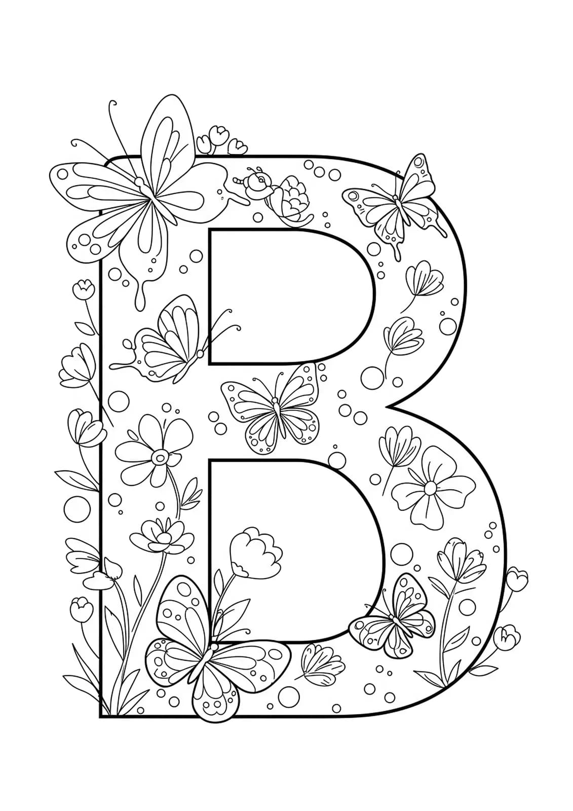 Large letter B surrounded by easy butterfly outlines and flowers, for preschool coloring.