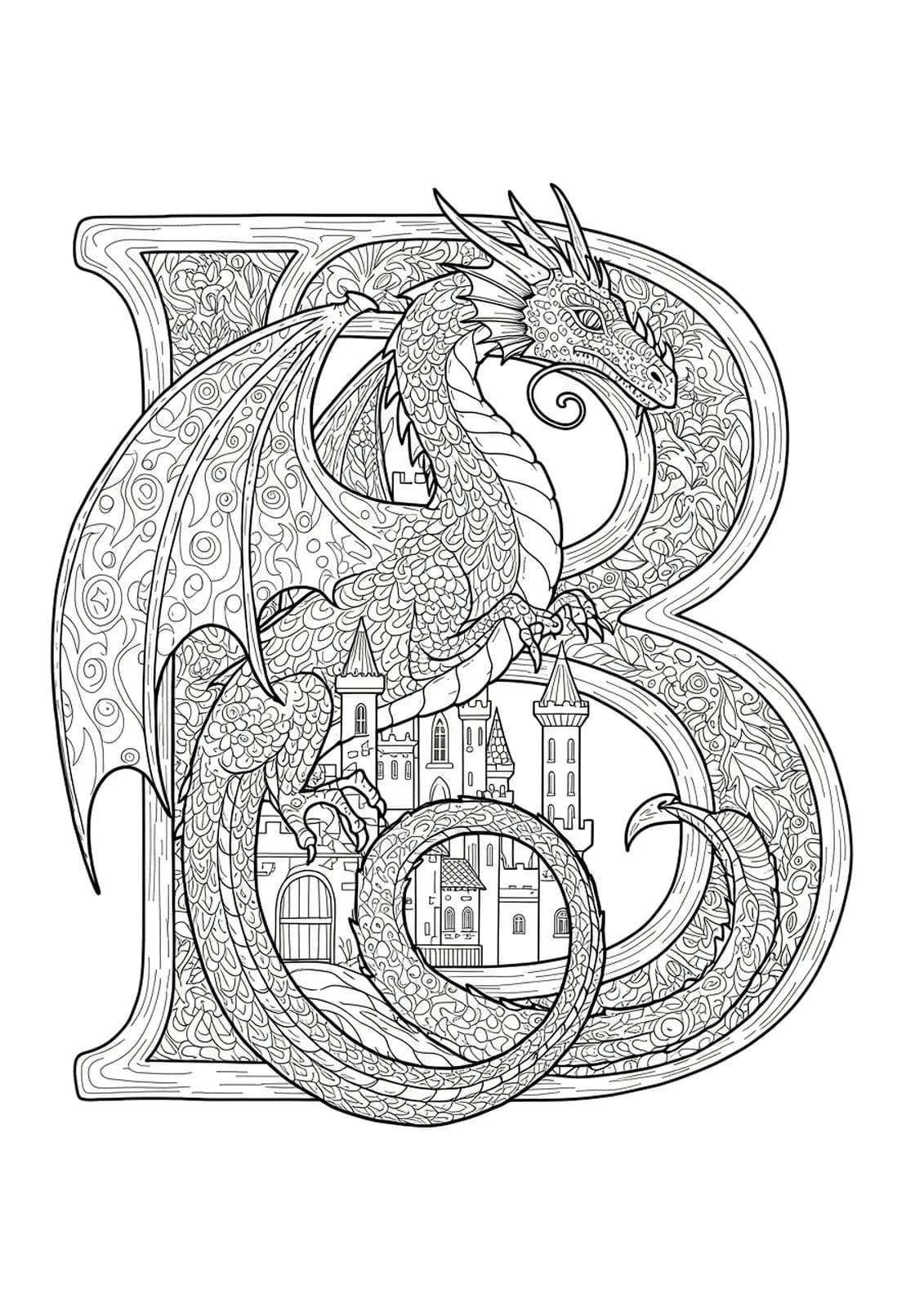 Letter B wrapped by a detailed dragon, with castle towers and magical fantasy patterns for coloring fun.