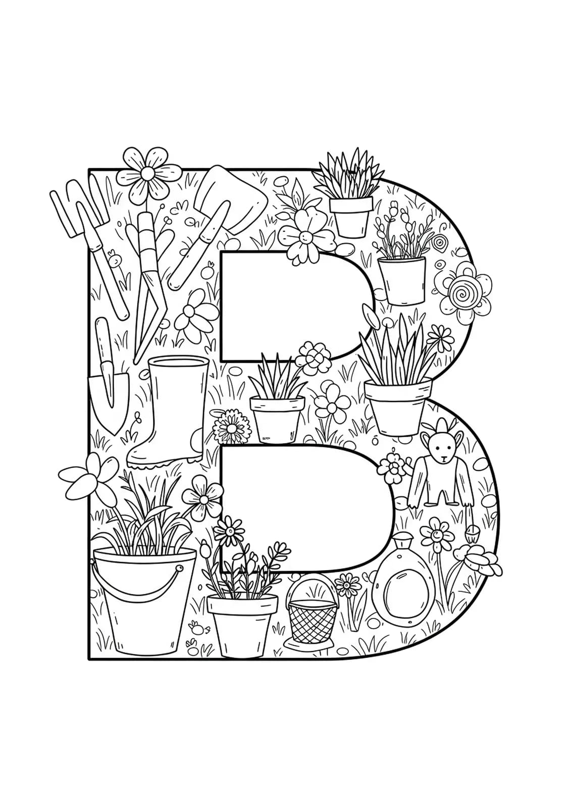 Letter B with gardening tools in easy outlines for adult coloring.