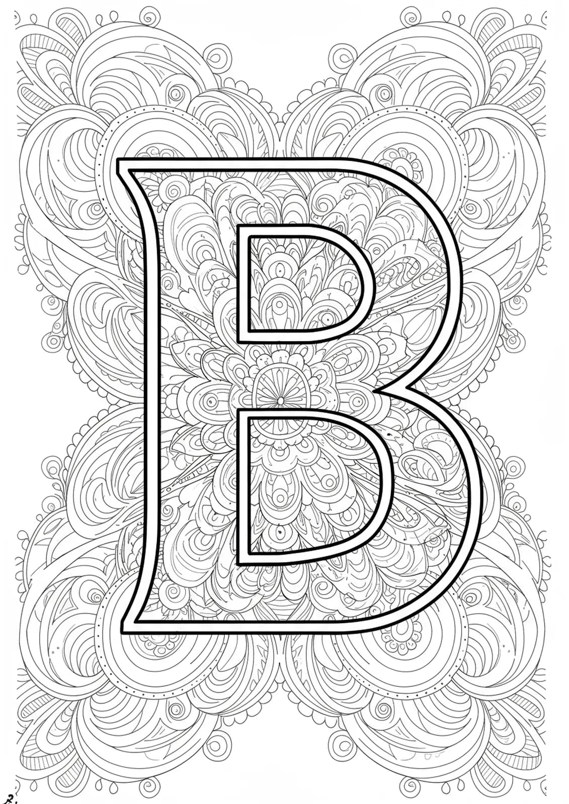 Easy mandala patterns with a large letter B for adult coloring.