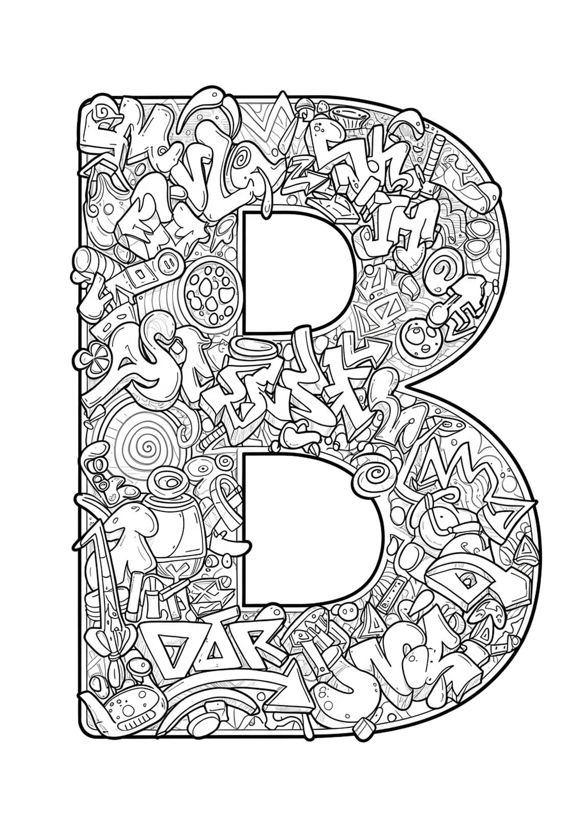 Letter B designed with detailed graffiti street art elements for teens