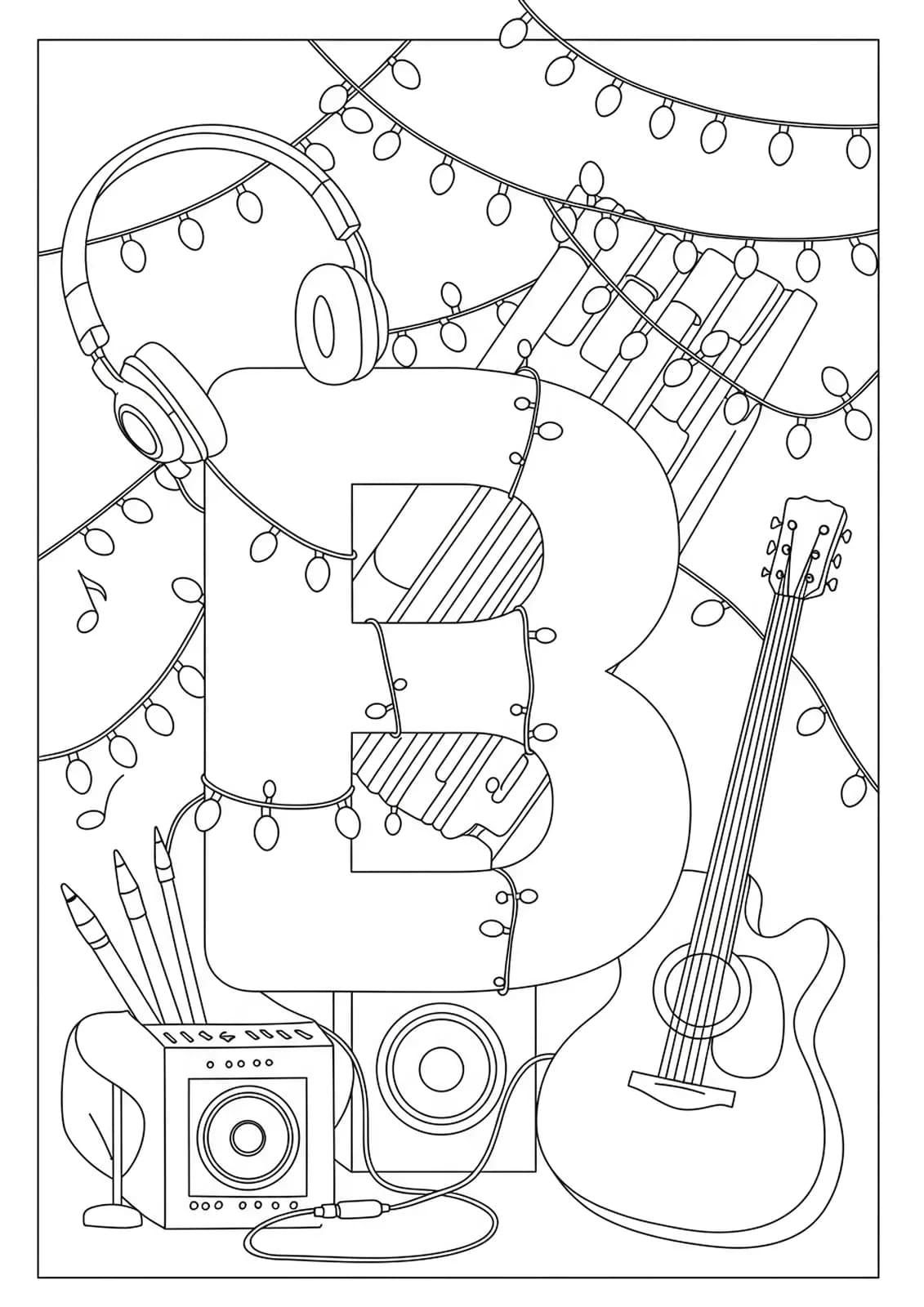 Easy letter B coloring page decorated with music-themed elements like headphones, guitar, and stage lights.