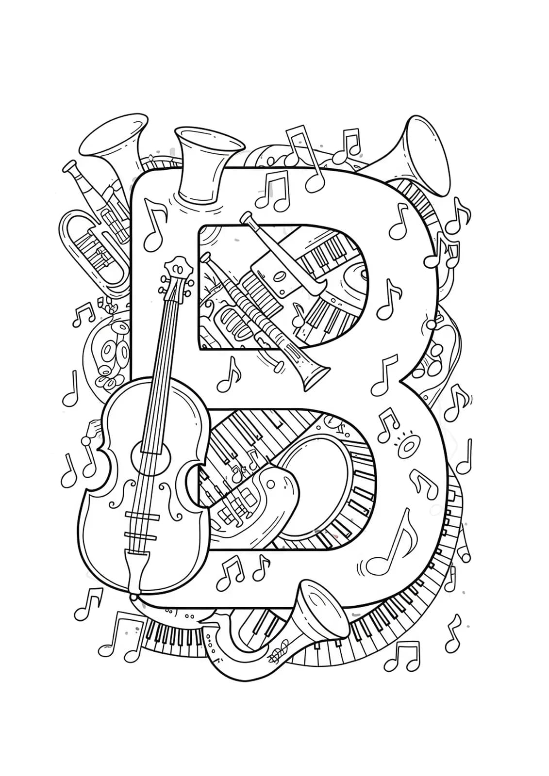 Easy letter B with musical instruments and notes for coloring, adult-friendly.