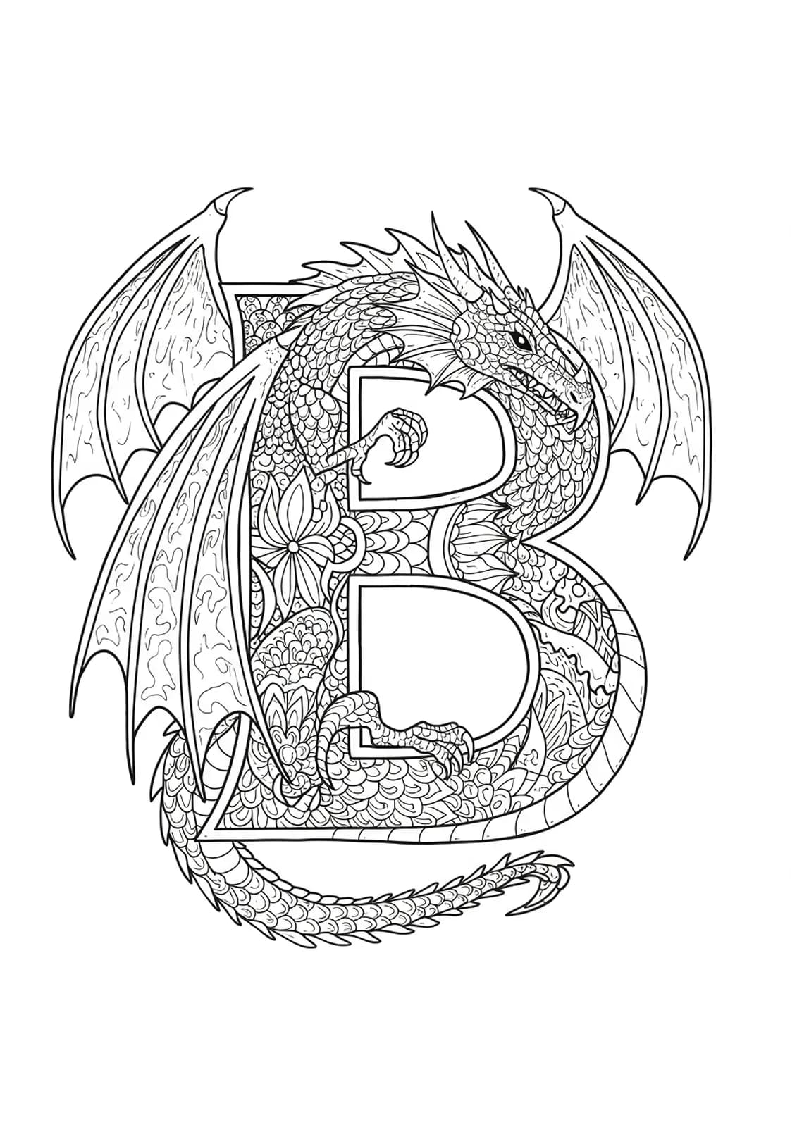 Letter B with stylized dragon scales, wings, and fire motifs wrapping around and through the letter.
