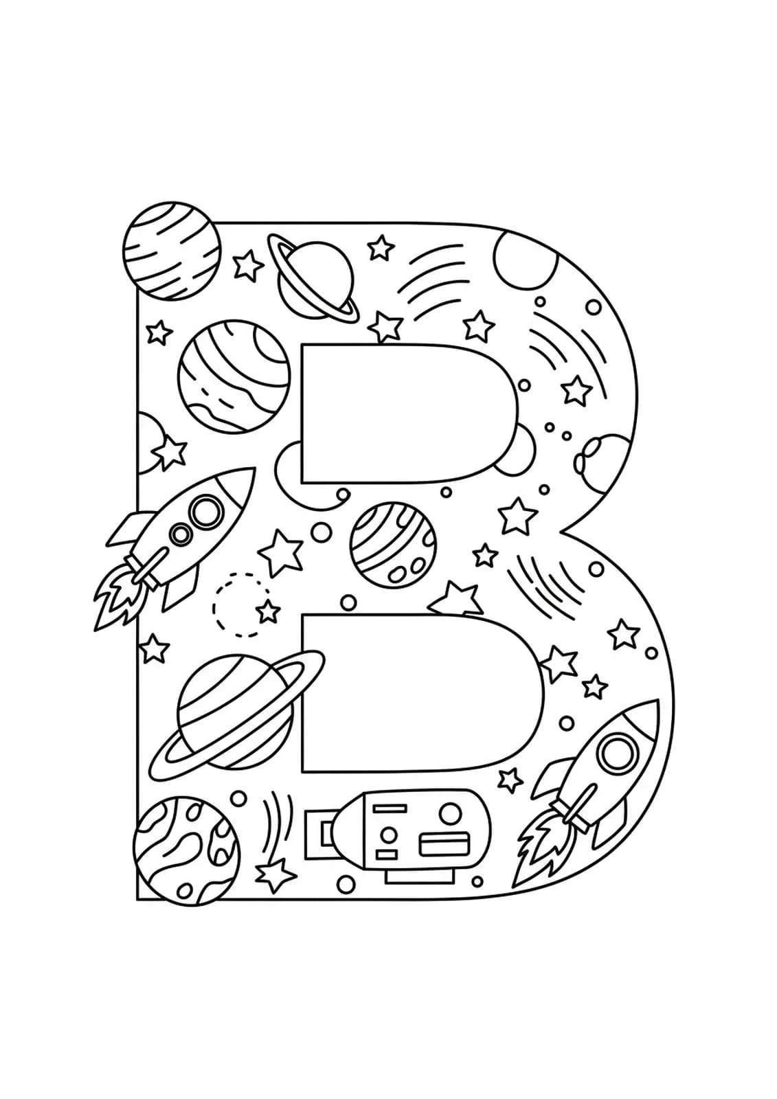Adult coloring page with letter B and simple outer space elements.