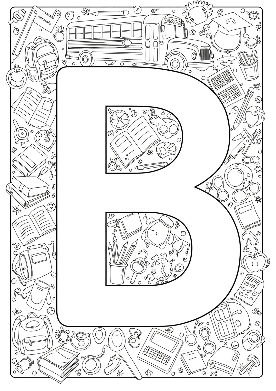 Letter B decorated with intricate details of a school bus, books, pencils, backpacks, and classroom supplies for coloring.