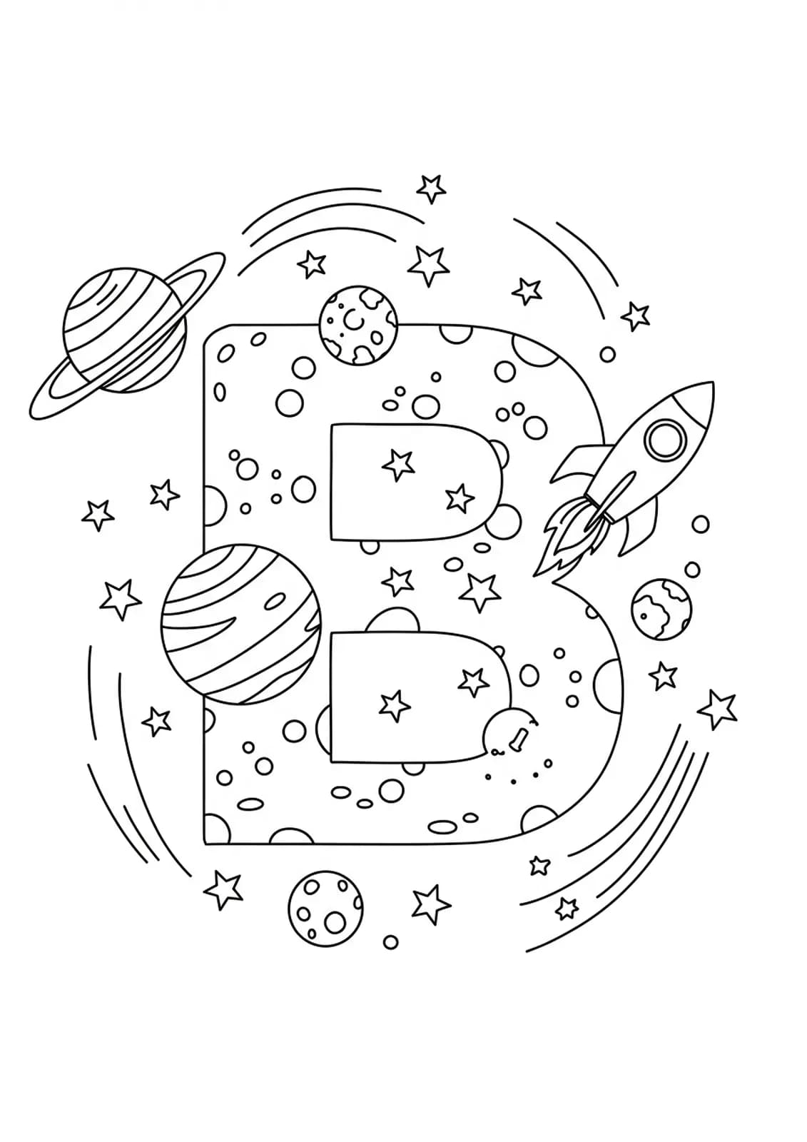 Letter B coloring page with outlined planets, stars, and a rocket ship.