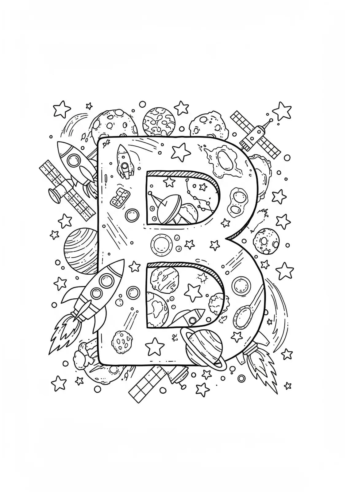 Letter B with rocket ships, planets, satellites, and stars surrounding and inside it.