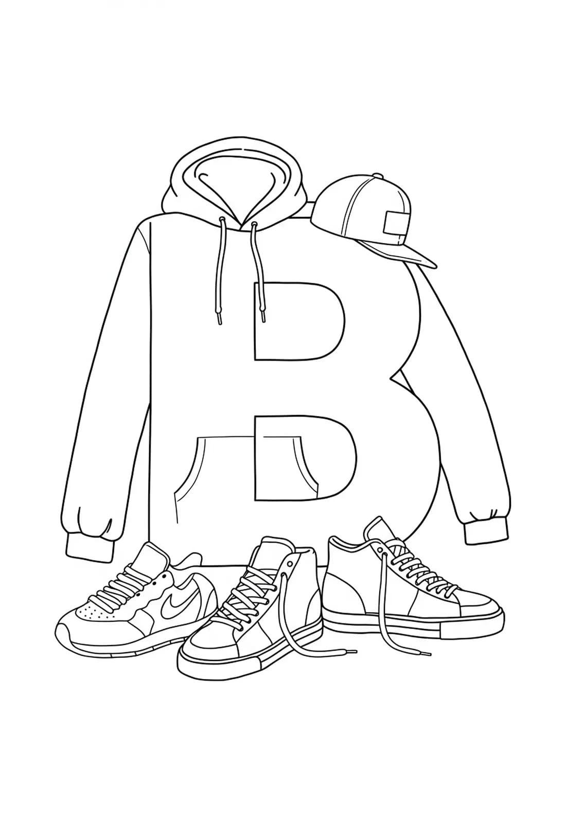 Letter B coloring page with outlines of hoodies, sneakers, and baseball caps around the letter.