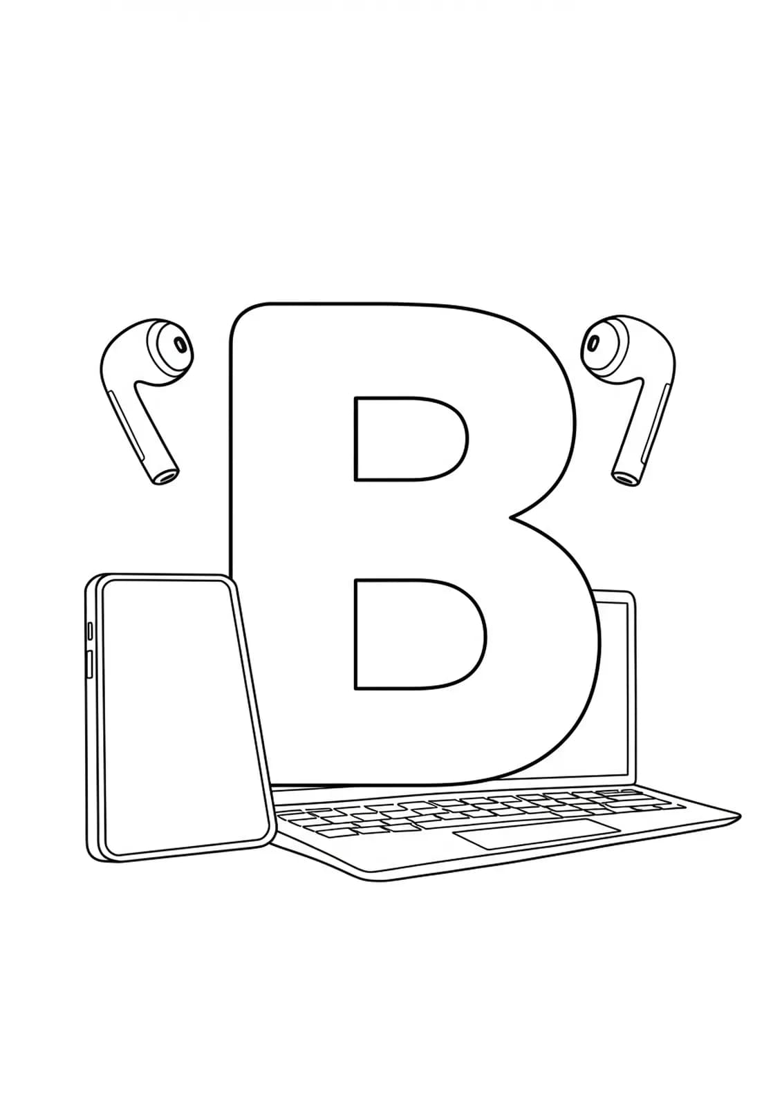 Simple letter B coloring page with outlines of a smartphone, laptop, and earbuds around the letter.