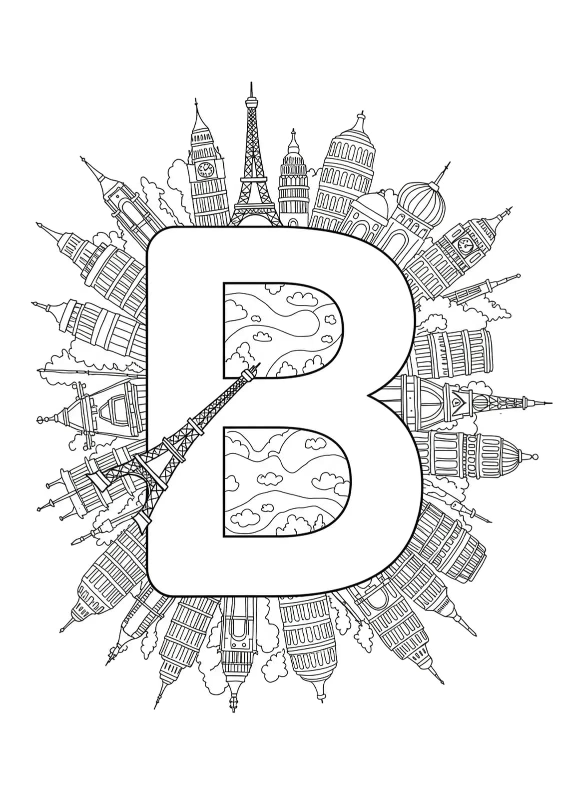 Easy letter B with famous travel landmarks for adult coloring.