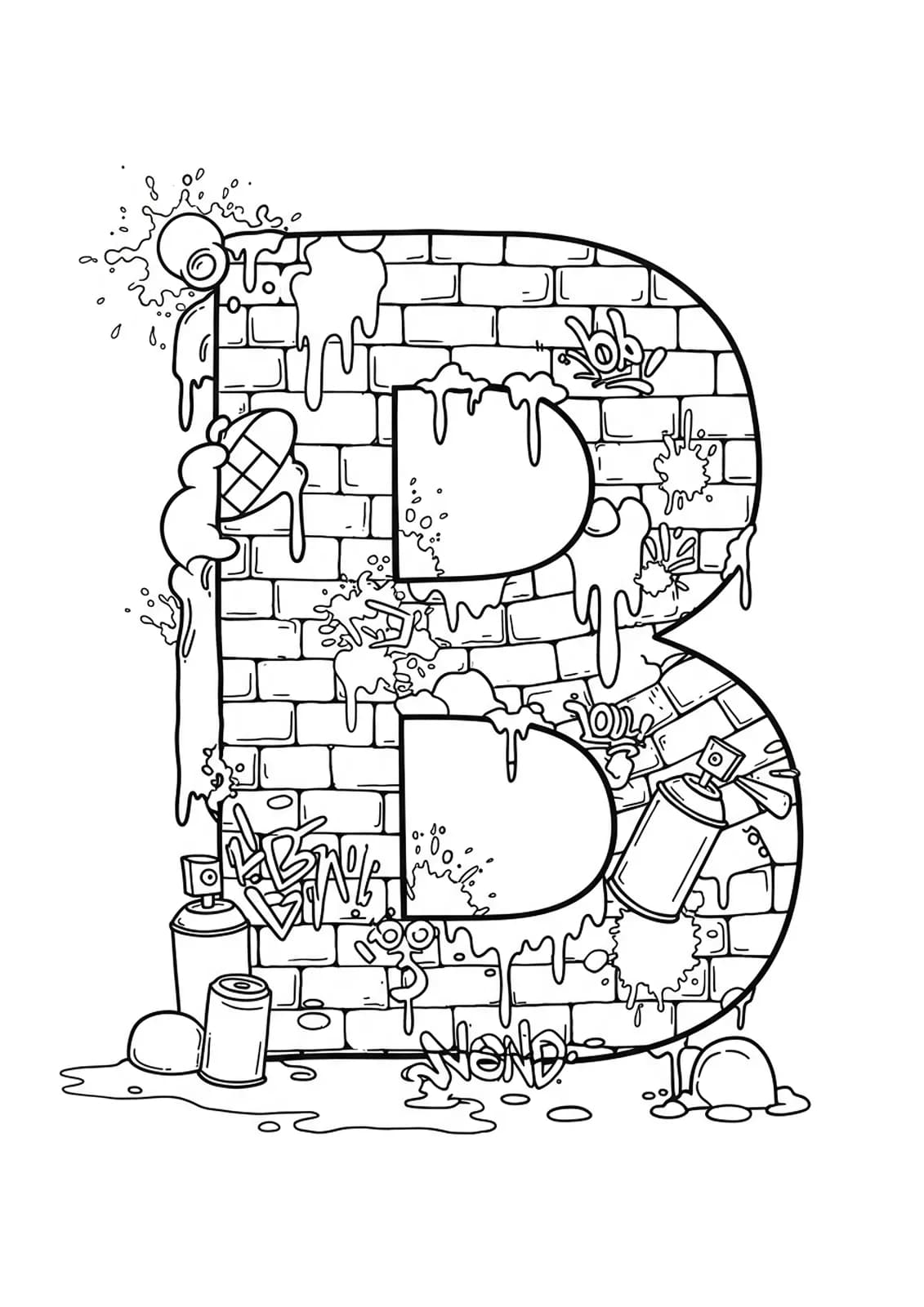 Letter B with graffiti-style splatters, bricks, and spray paint motifs integrated into the design.