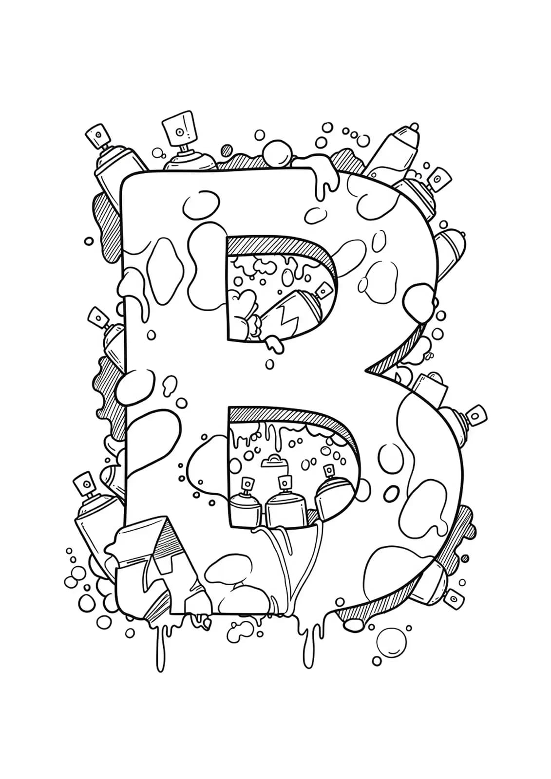 Letter B coloring page with simple graffiti, paint splashes, and spray cans in easy outlines.