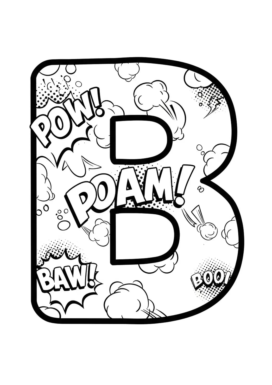 Letter B coloring page with comic book bubbles and retro POW! BAM! effects in simple outlines.