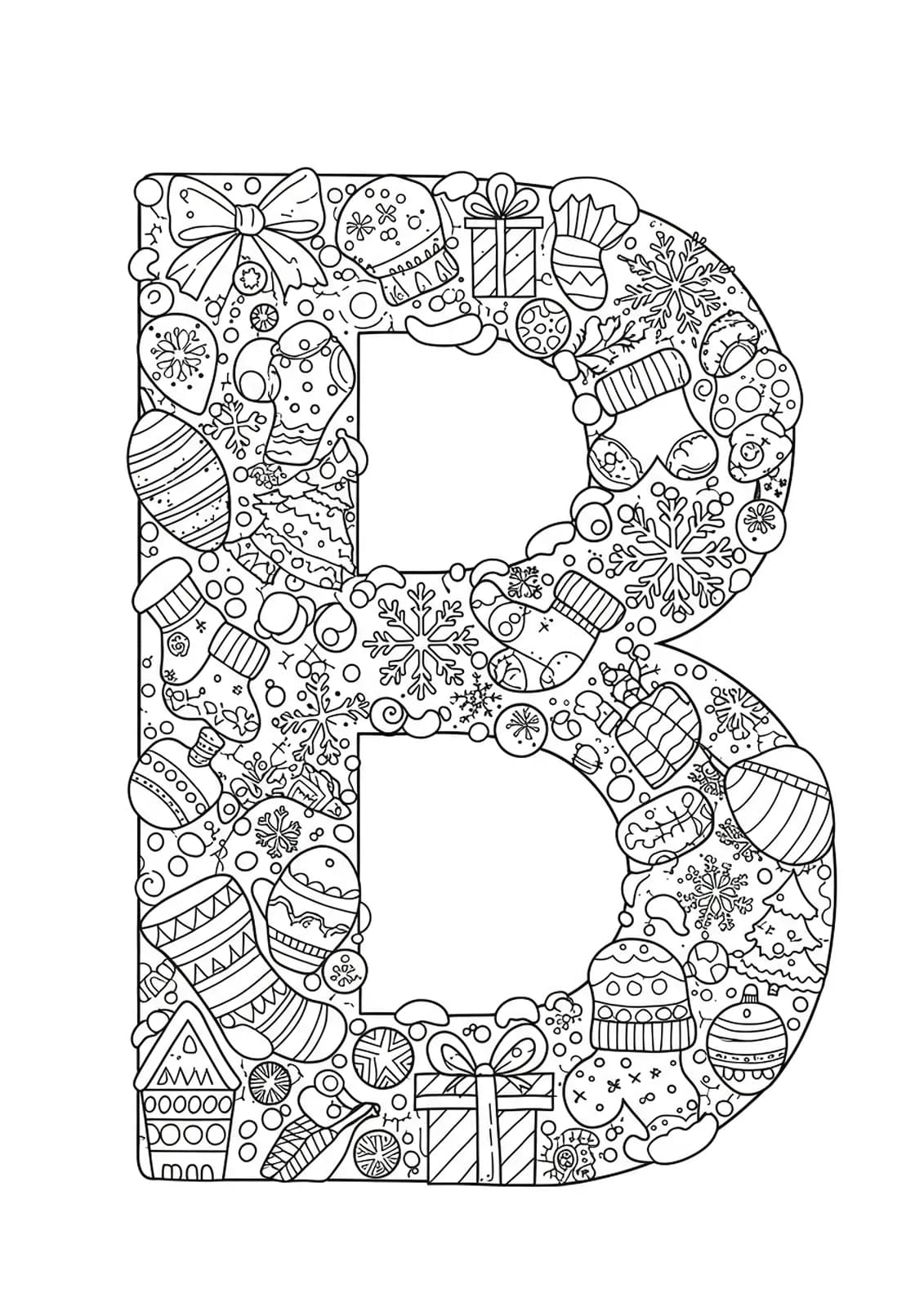 Letter B filled with intricate snowflakes, winter trees, mittens, and holiday decorations for coloring.