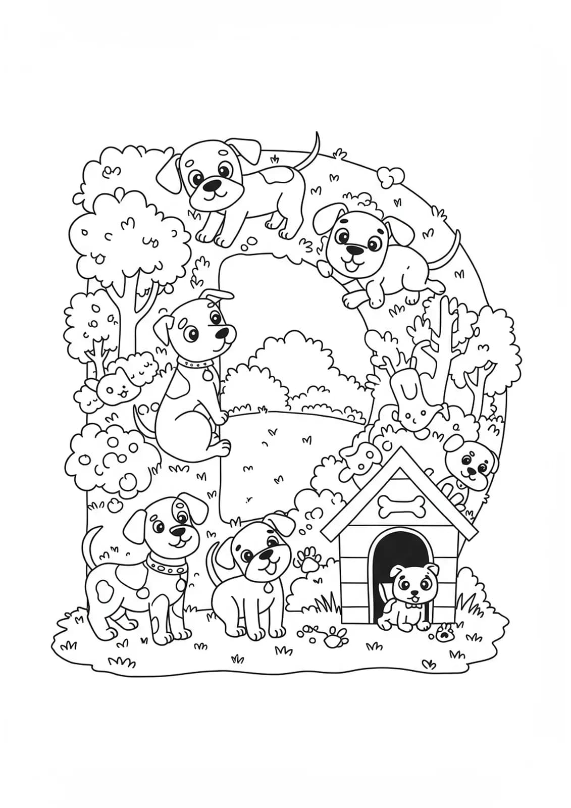 Letter D with playful dogs, a doghouse, and park scenery, designed for preschool coloring fun.