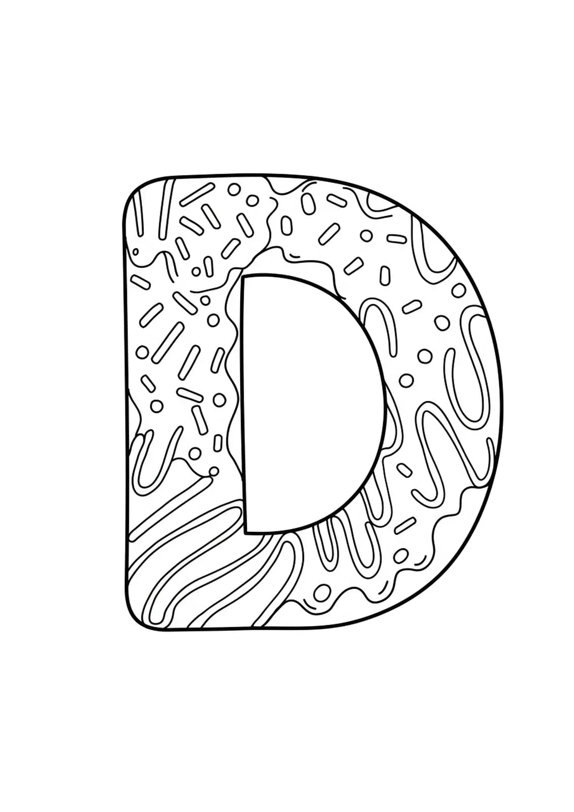Letter D with donuts, sprinkles, and frosting details, perfect for preschool coloring fun.
