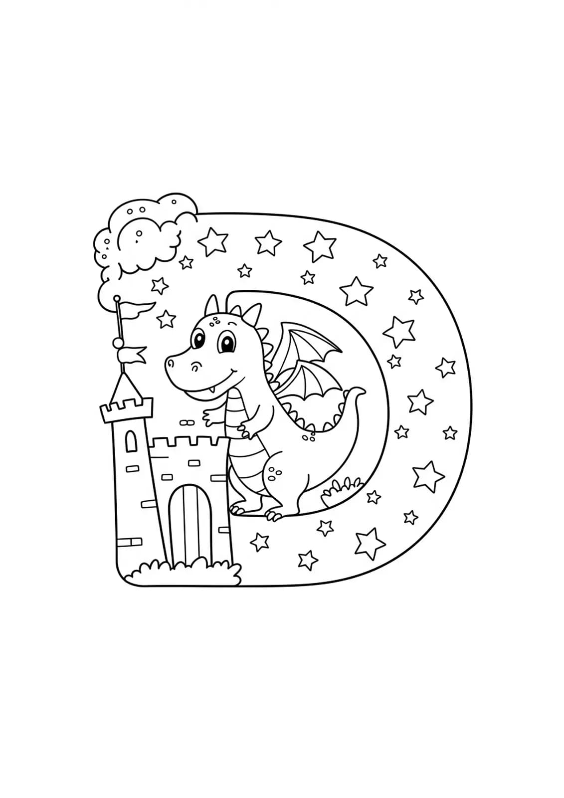 Letter D with a smiling dragon, a castle in the background, and twinkling stars, designed for preschool kids.