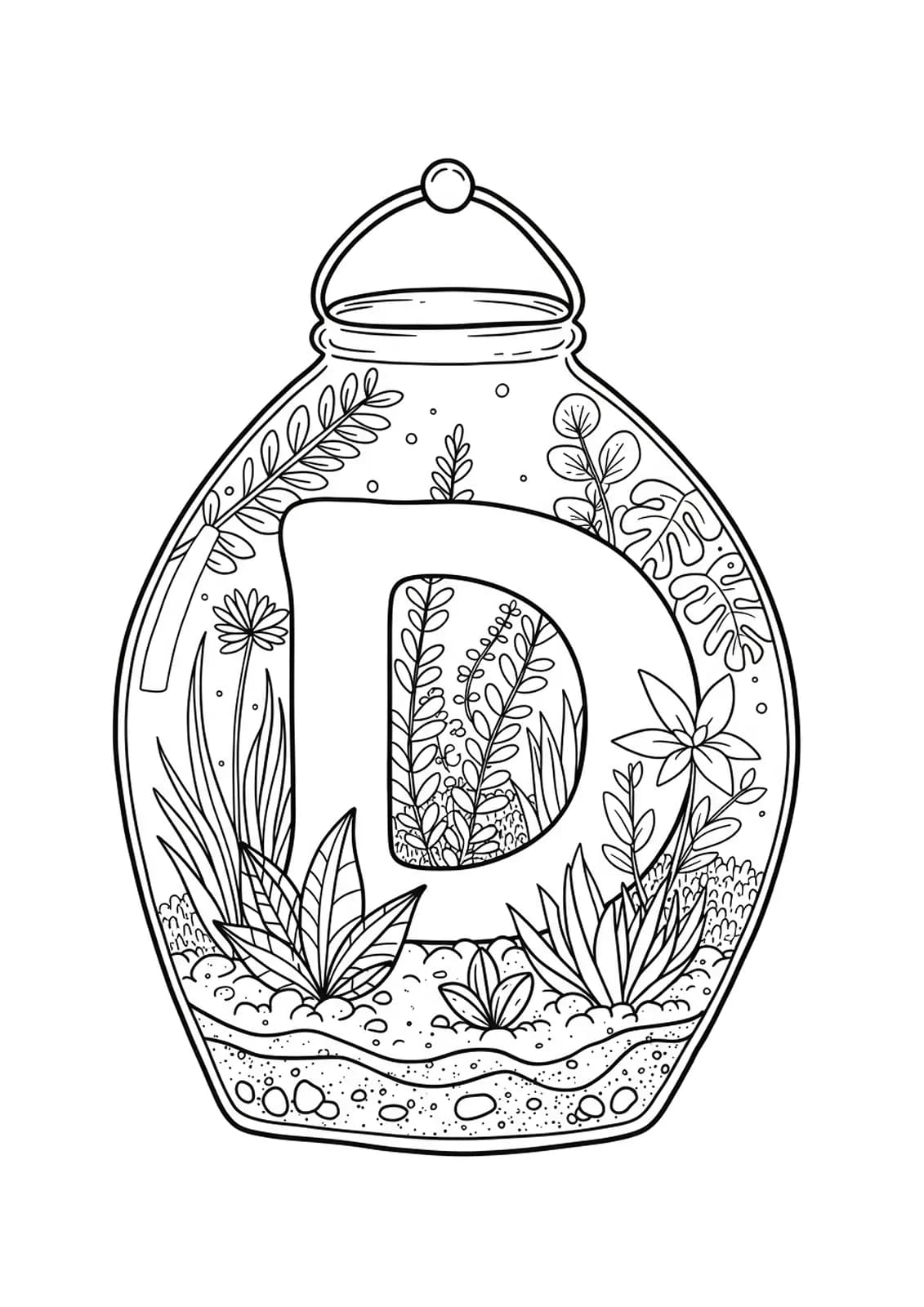Complex Letter D coloring page with detailed botanical terrarium plants and glass container designs for teens.