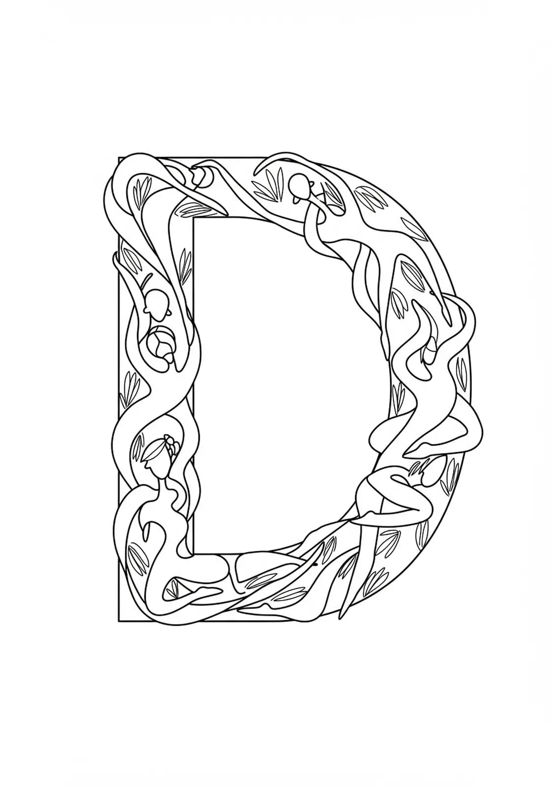 Easy adult coloring page of letter D with dance silhouette illustrations