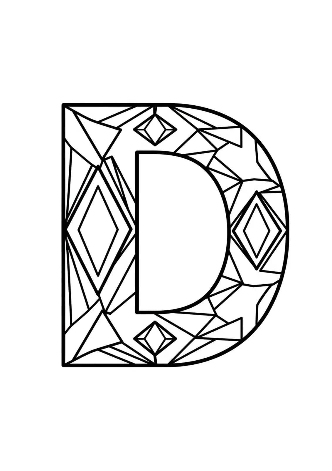 Easy adult coloring page of letter D with decorative diamond shapes