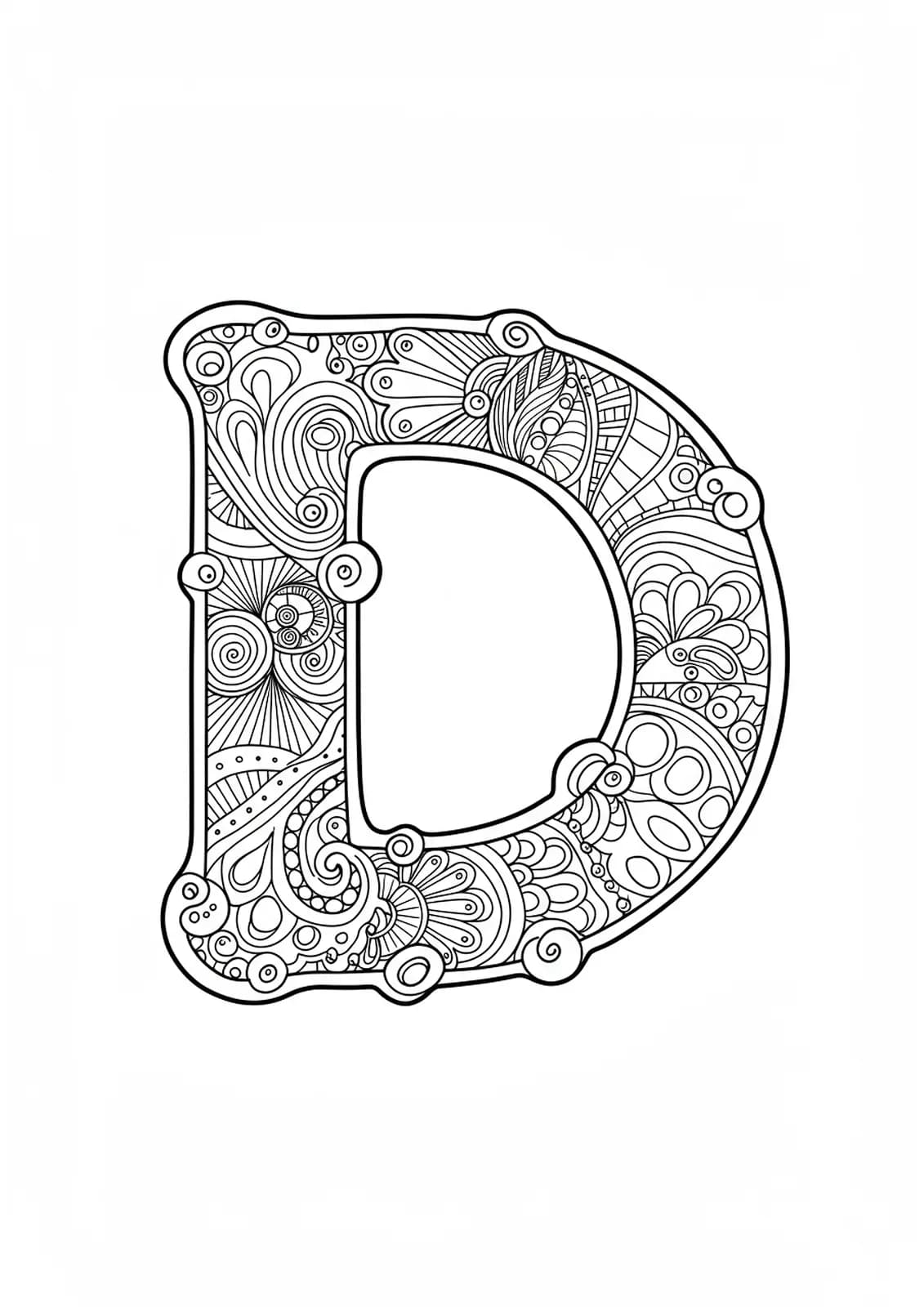 Easy adult coloring page of letter D with decorative door illustrations