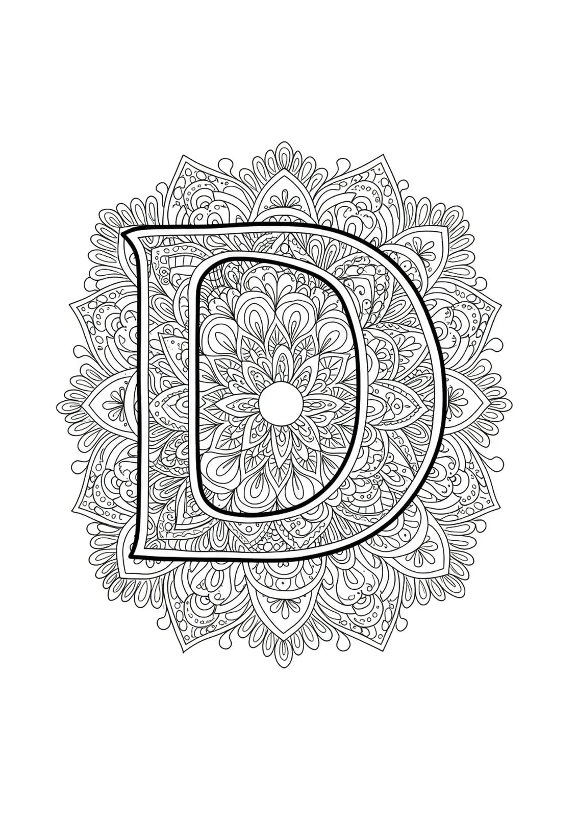 Easy adult coloring page of letter D with mandala designs