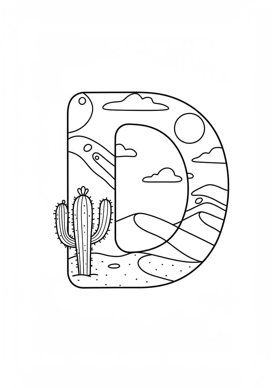 Easy coloring page for adults of letter D with desert landscape elements