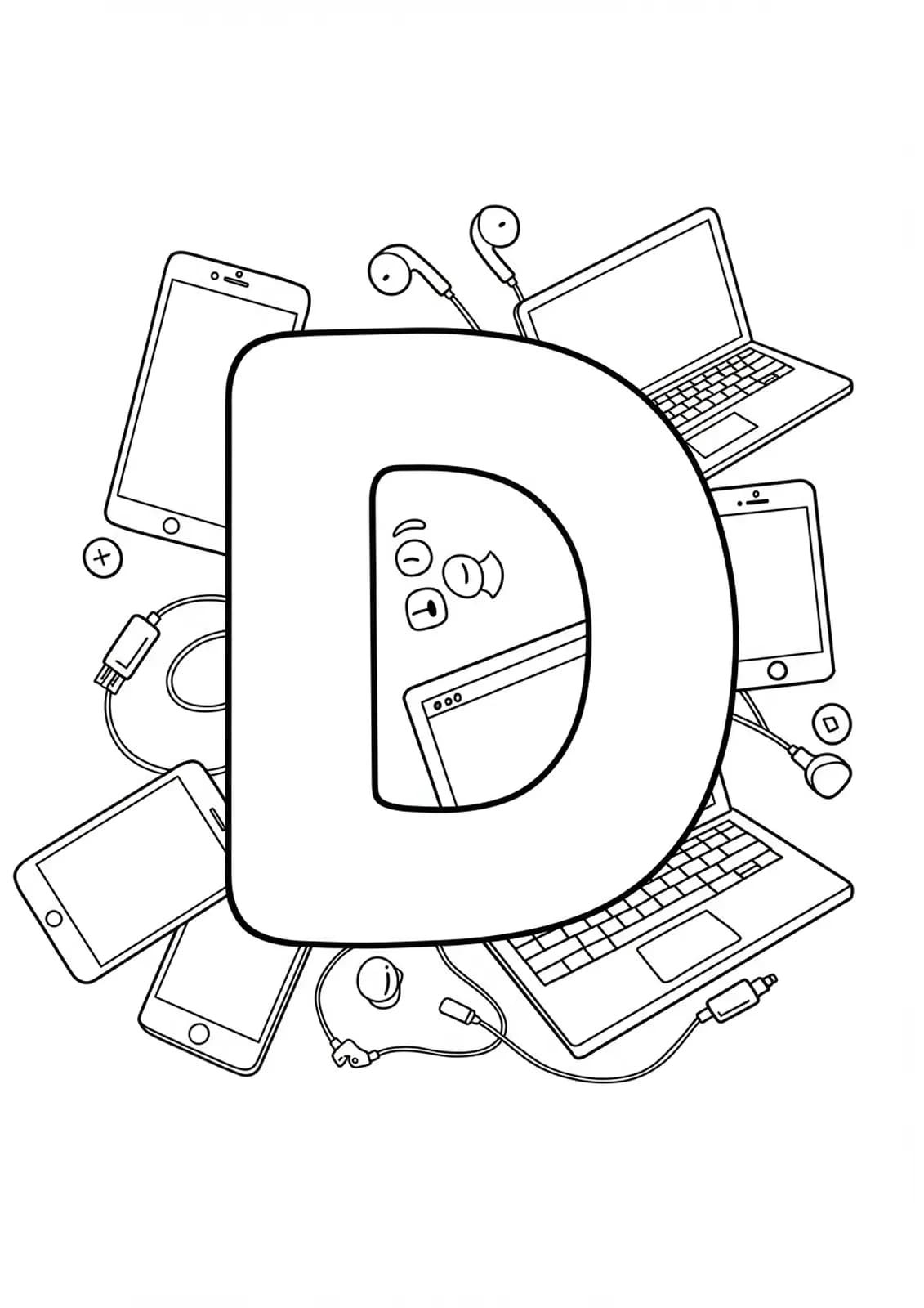 Easy adult coloring page of letter D with digital gadget illustrations